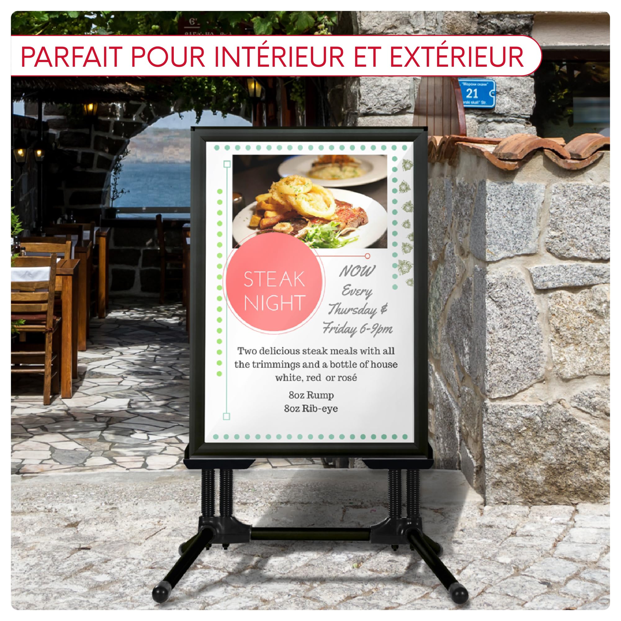 Stop Trottoir - Chevalet Publicitaire en Trottoir pour Extérieur, Cadre Clic en Aluminium 44 mm, Affichage Recto-Verso, Format A0, Couleur Noir - Idéal pour Extérieur et Intérieur