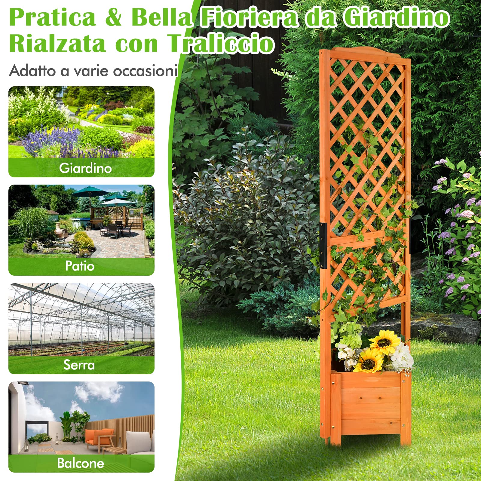 COSTWAY Letto Rialzato da Giardino con Spalliera e Traliccio | Fioriera da Esterno in Legno per Piante Rampicanti con Drenaggio da Giardino e Balcone, 54,5 x 52 x 180 cm