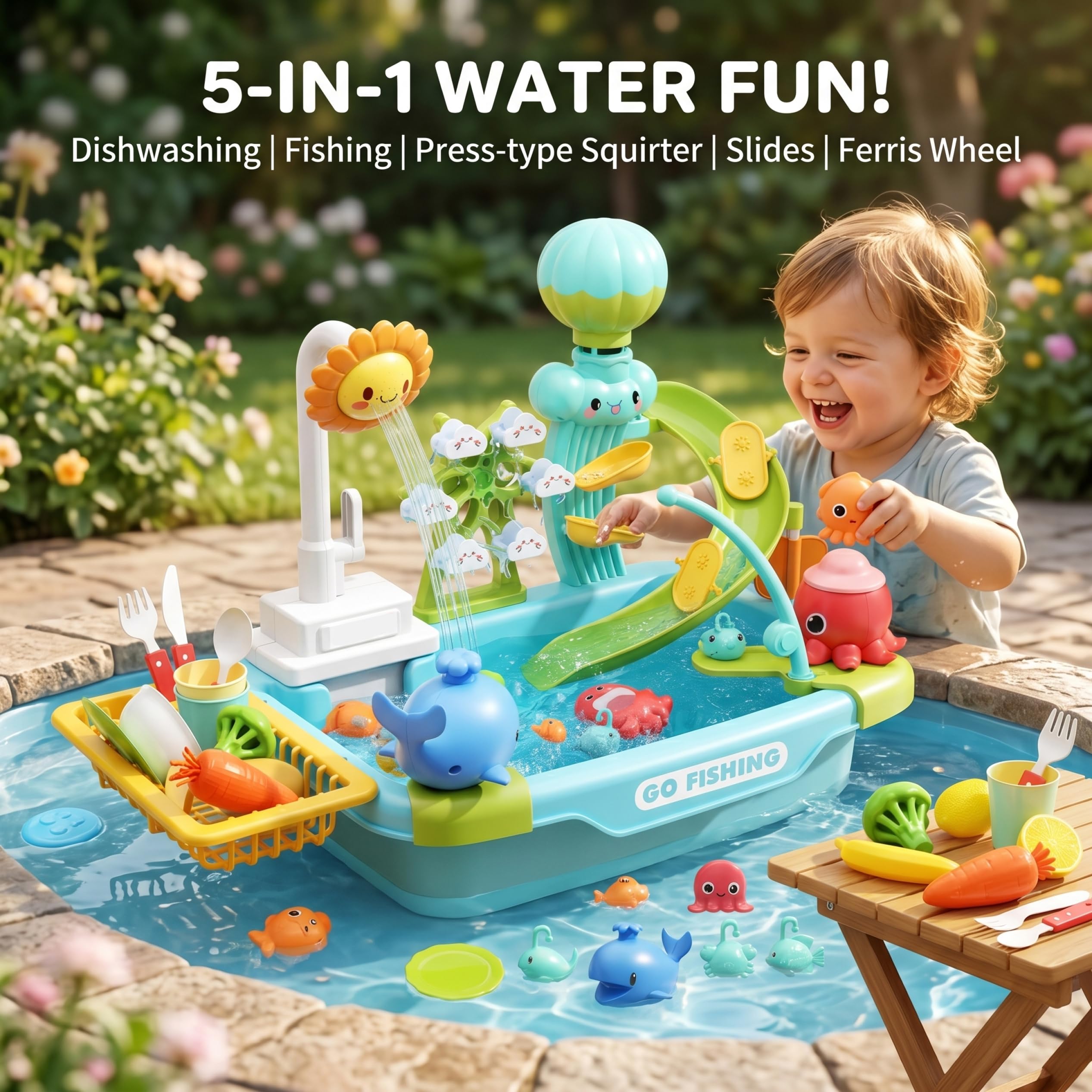 Fregadero para niños pequeños con agua corriente, juego de juguetes para niños, mesa de juegos de agua multifuncional con circulación automática, gran capacidad para diversión en interiores y ex.