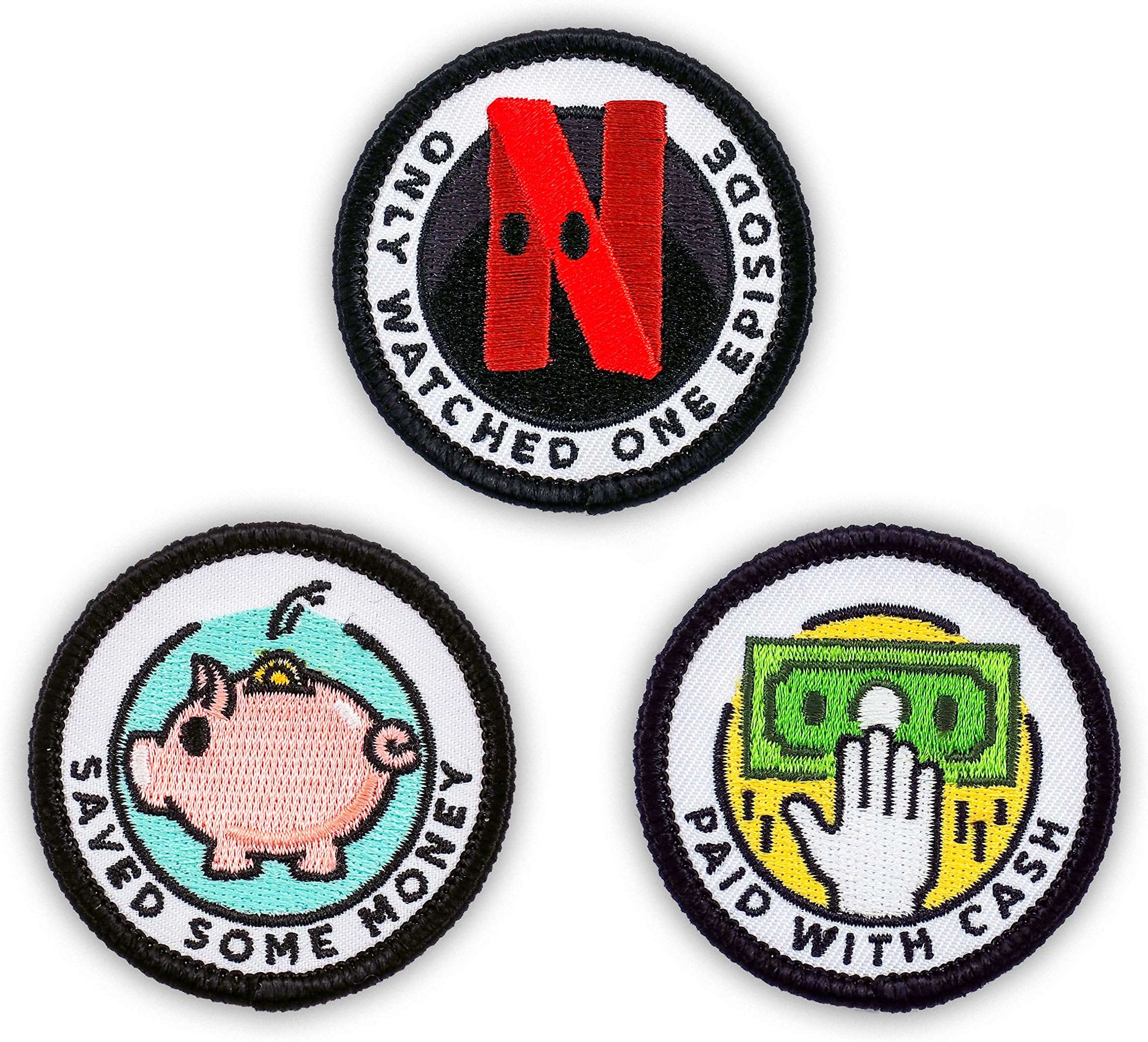 Winks For Days Adulting Merit Badge Embroidered Iron-On Patches (Achievements - Set 1) - Includes Three (3) 2" Patches: Saved Some Money, Only Watched One Episode, and Paid with Cash