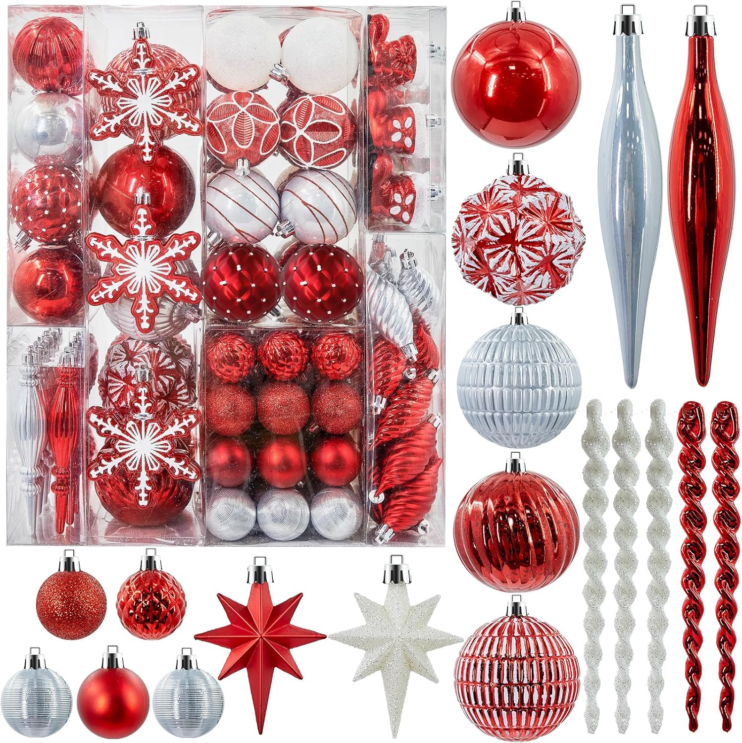 190ct christmas tree ornaments, shatterproof christmas ornaments balls sets decorations for xmas tree red white and silver decorative hanging ornaments baubles red&white&silver 190