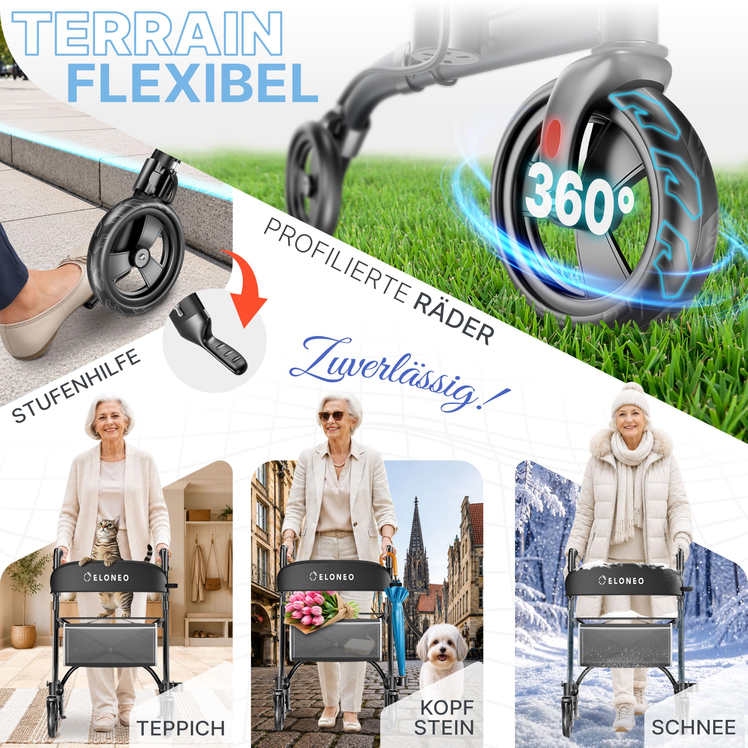 ELONEO Rollator faltbar und leicht mit Sitz - ultraleicht (5,1kg), Leichtgewicht-Reiserollator aus Aluminium, Gehhilfe höhenverstellbar und faltbar, Laufhilfe mit Tasche & Schirmhalter, schwarz