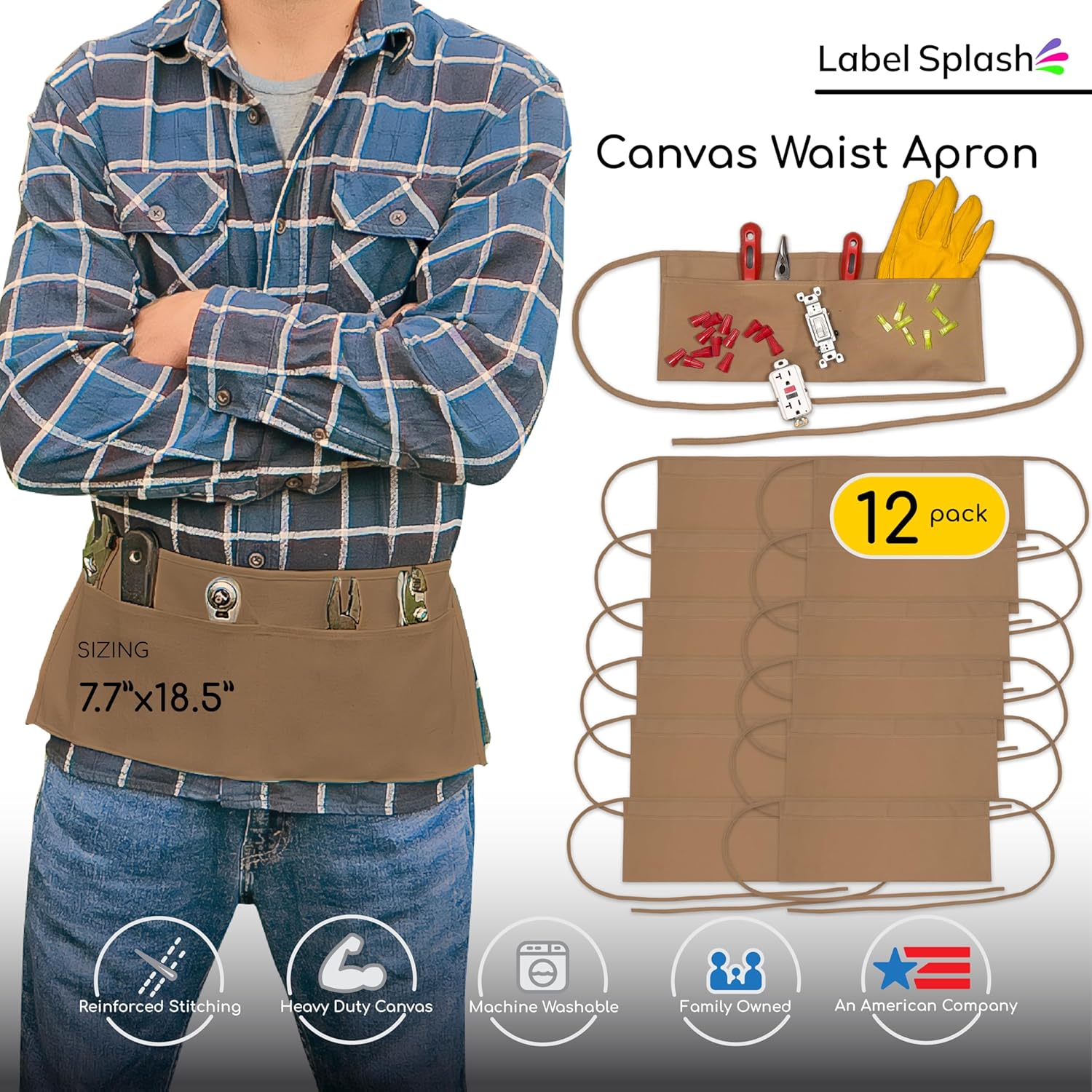 LABELPLASH 2 Pocket Canvas Work Waist Nail Apron Belt Washable Tool Utility Gardening Woodworkers Roofers Artists & Crafts