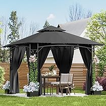 Devoko Gazebo da Giardino 3.3 x 3.3 m con 4 Vasi per Fiori – Gazebo da Giardino in a Doppio Tetto Aerato, Struttura Fogliata, Tende Rimuovibili, Protezione UV & Impermeabile per Esterno