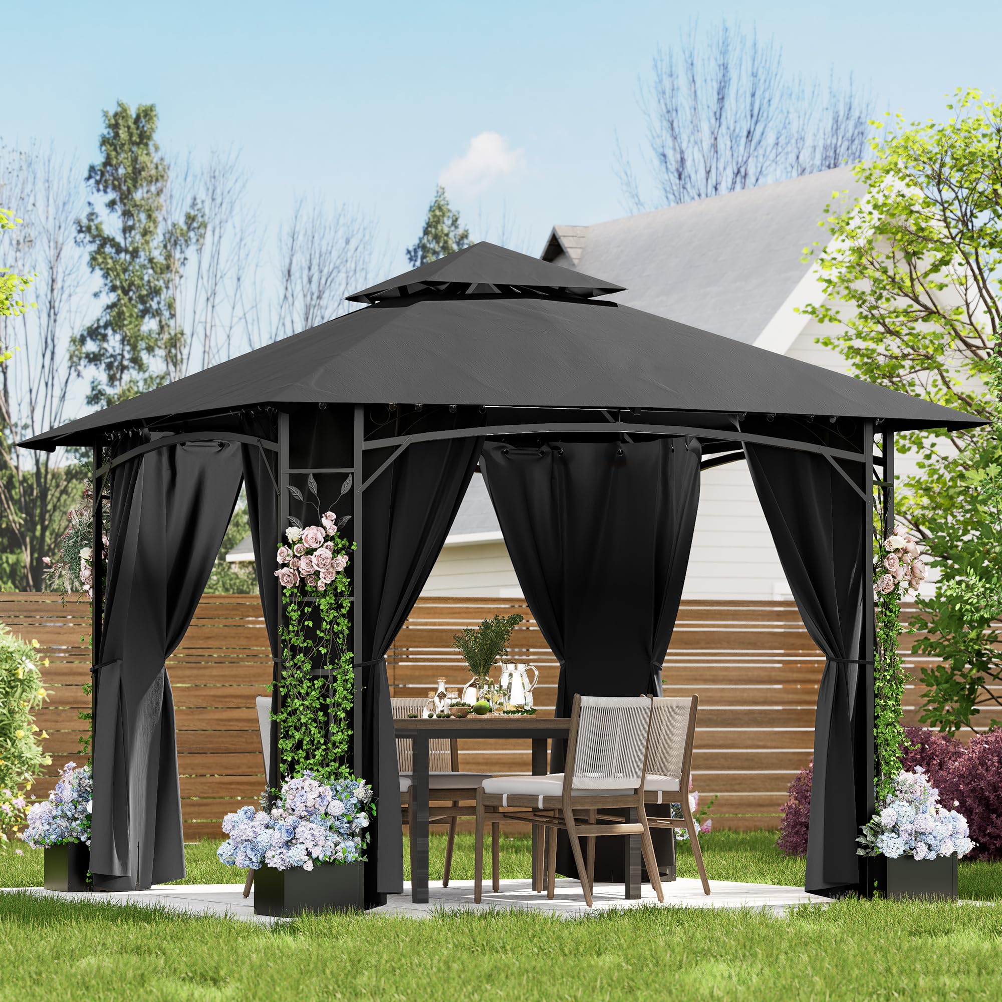 Devoko Gazebo Esterno Resistente 3.3x3.3 m con 4 Vasi per Fiori - Gazebo da Giardino in a Doppio Tetto Aerato, Struttura Fogliata, Tende Rimuovibili, Protezione UV & Impermeabile per Esterno