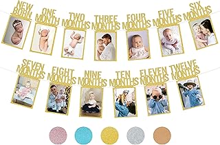First Birthday Photo Banner, Gold, for Baby's Monthly Milestones from Ne...
