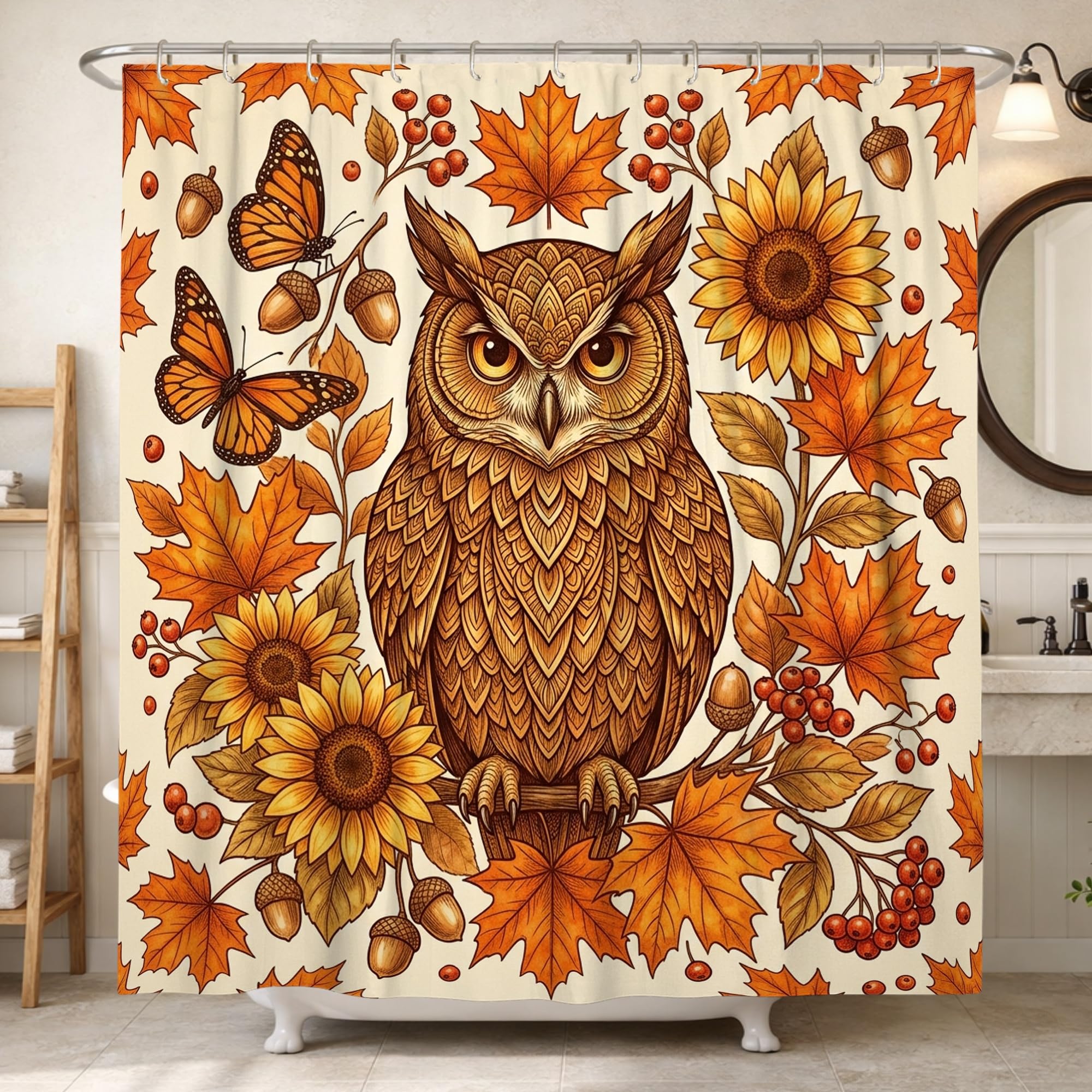 Rideau de douche rustique chouette et tournesol orange 183x213 cm