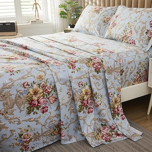 Miniatura 6 de ABREEZE Juego de sábanas de algodón egipcio (1000 hilos) floral y fundas de almohada (4 piezas)  Sábanas de algodón egipcio tamaño California King