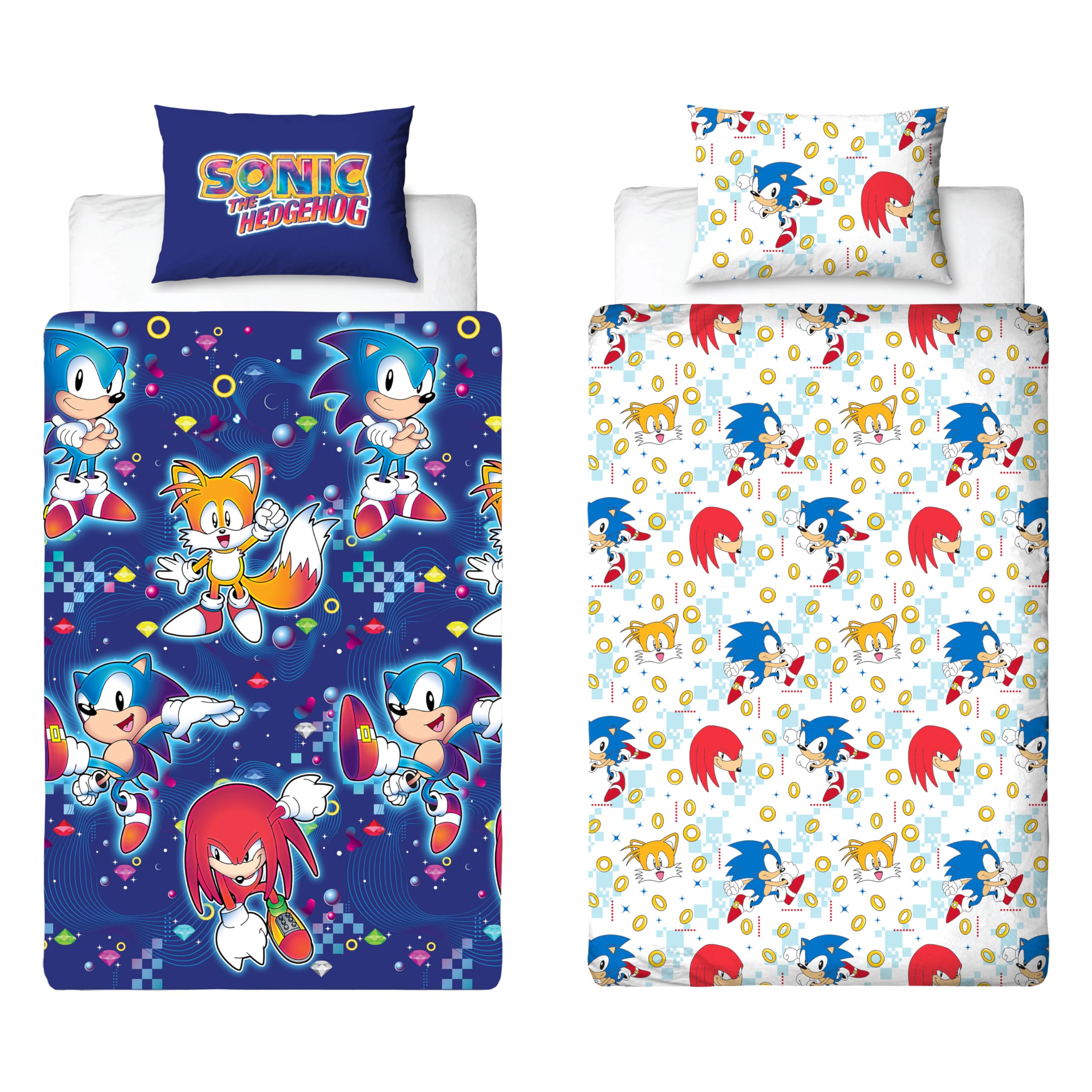 Sonic The Hedgehog Official Single Duvet Cover Set | Liquid Design Reversible 2 Sided Bedding Including Matching Pillow Case | Gaming Single Bed Set Blue with Tails and Knuckles