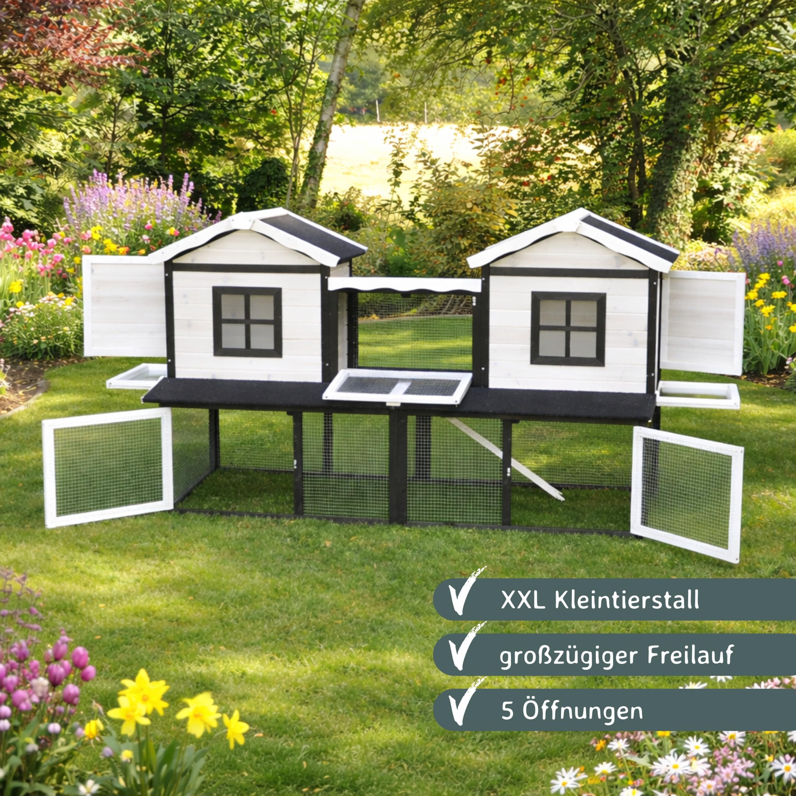 nanook Premium Hasenstall Kleintierstall Kaninchenstall XXL groß artgerecht mit Freilauf Gehege ideal für draußen 197 x 85 x 112 cm - braun weiß - 2 Ebenen