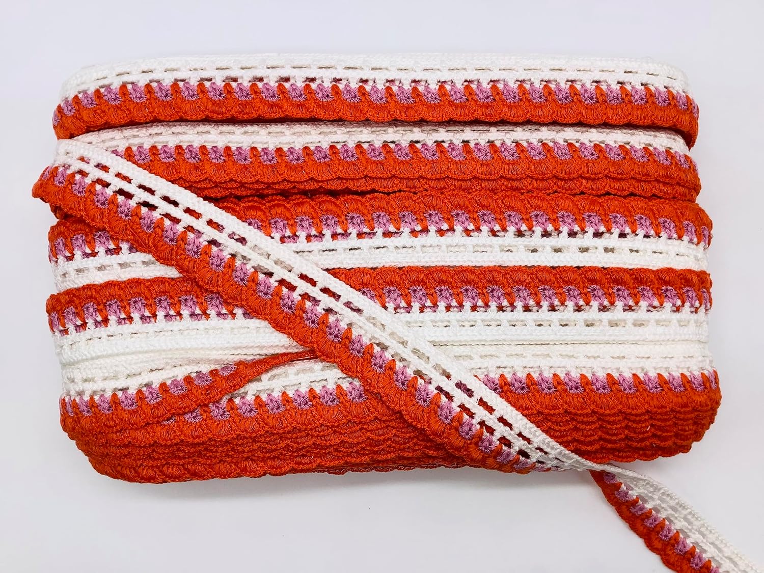 1-3/8" Crochet Lace Edge - 3 Yards (Orange, Lt. Pink & White)