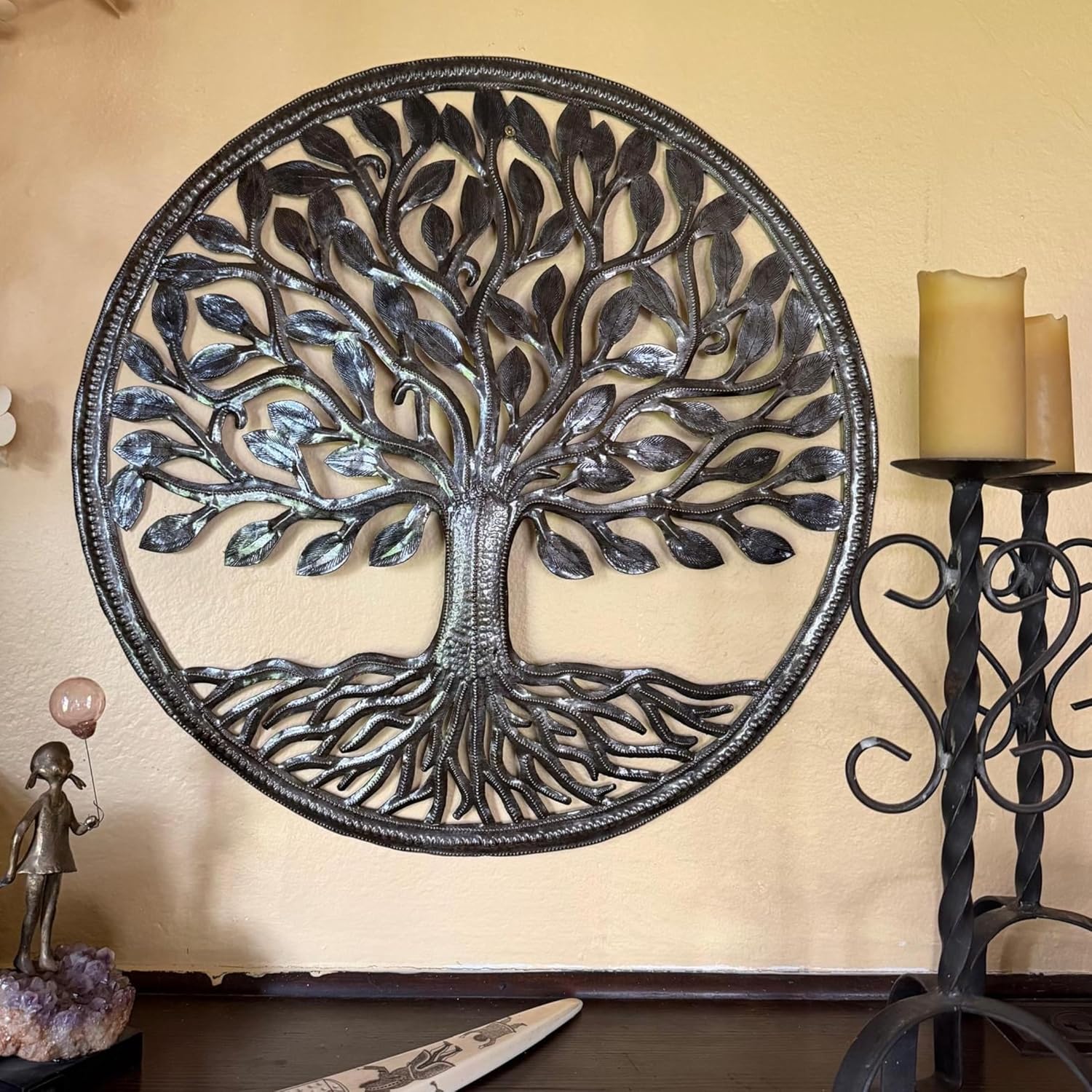 It's Cactus Handmade Tree of Life Wall Decor, Metal Hanging Artwork from Haiti, 23 Inch Round Sculpture, Display Indoor or Outdoor, Fair Trade Member