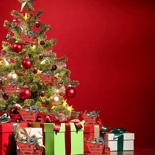 Miniatura 3 de BANBERRY DESIGNS Trineos rojos Feliz Navidad – Trineos de madera con ramitas de pino, piña y bayas rojas – Centro de mesa de vacaciones – Decoración