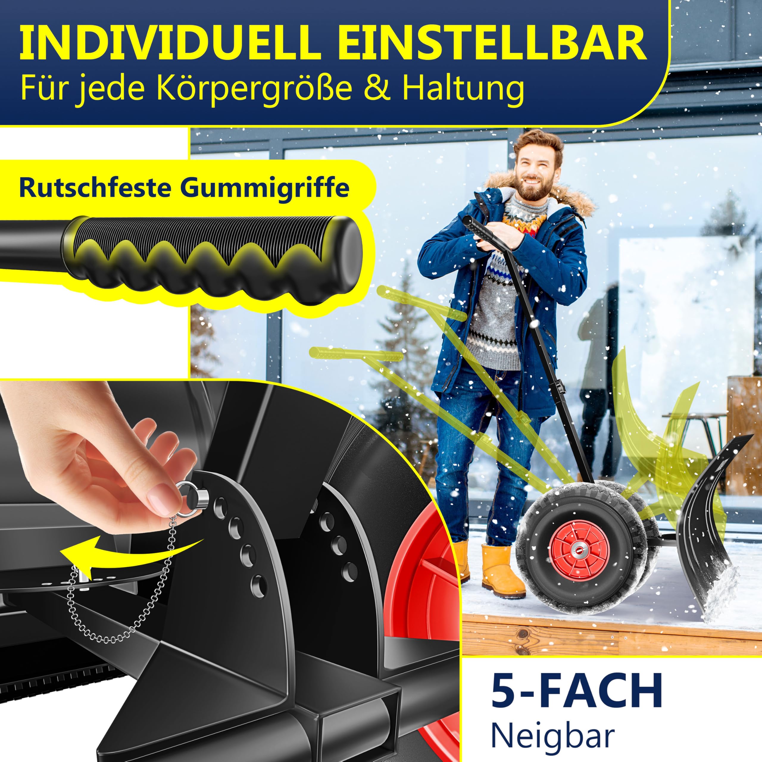 Masko Schneeschaufel auf Rädern höhenverstellbar - 5-Fach Schneeräumen, rückenschonender Schneeschieber, Schneeschild 75 cm Arbeitsbreite-Höhe 42, platzsparend zusammenklappbar, Schwarz