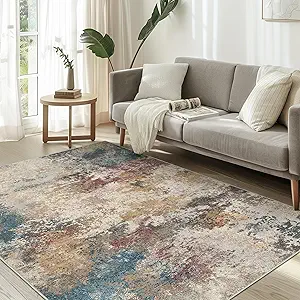 Area Rugs 8x10 Machine Washable Area Rugs for Living Room Bedroom Dining Room, Large Modern Abstract Colorful Soft Rugs, Indoor Low Pile Carpet with Non Slip Rubber Backing, Multi Beige