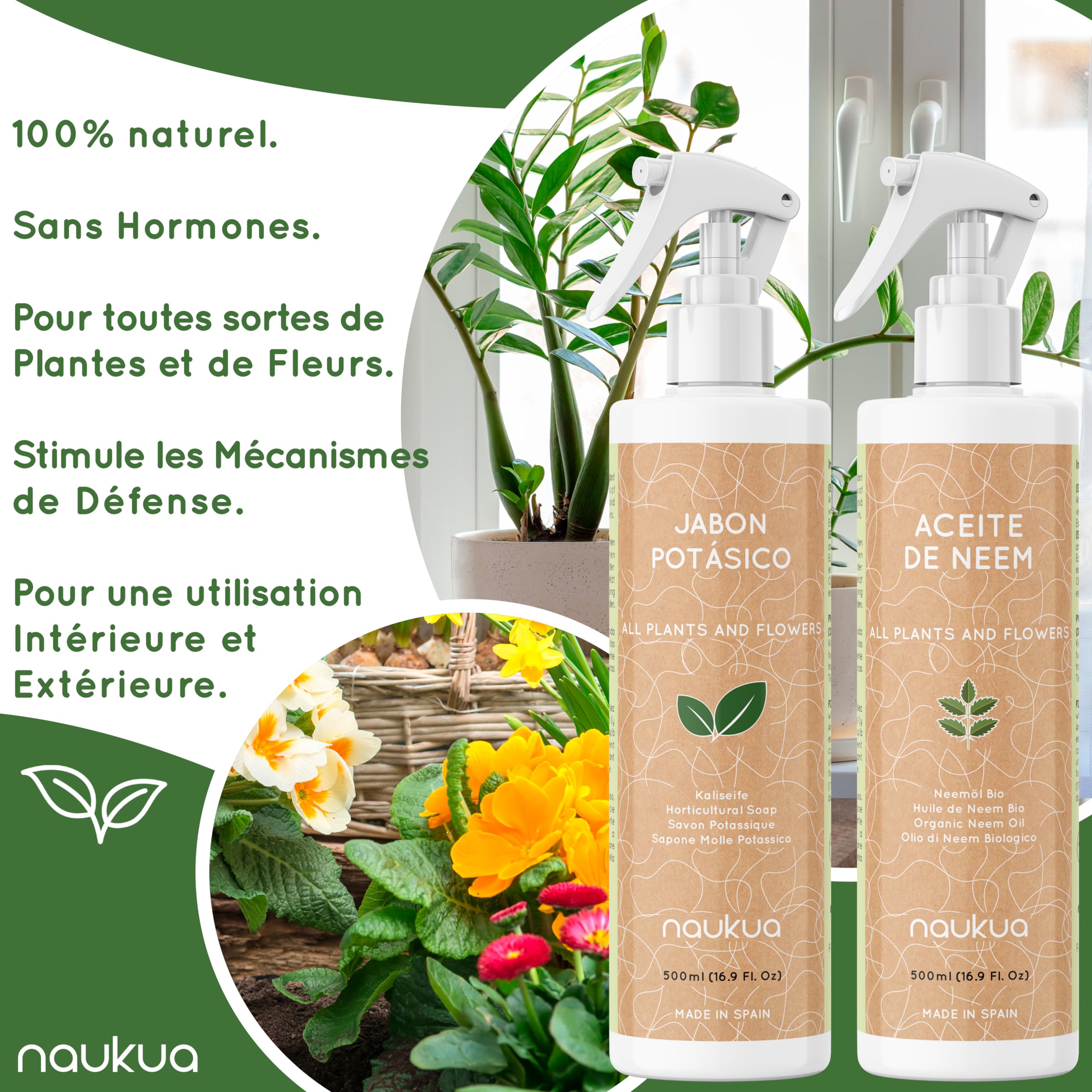 Paquet 2x1 - Savon à l'huile de Neem et au Potassium - 100% Naturel Ecologique - Active Les défenses Naturelles des Plantes d'intérieur et d'extérieur - Spray Prêt à l'emploi, 500 ML chacun