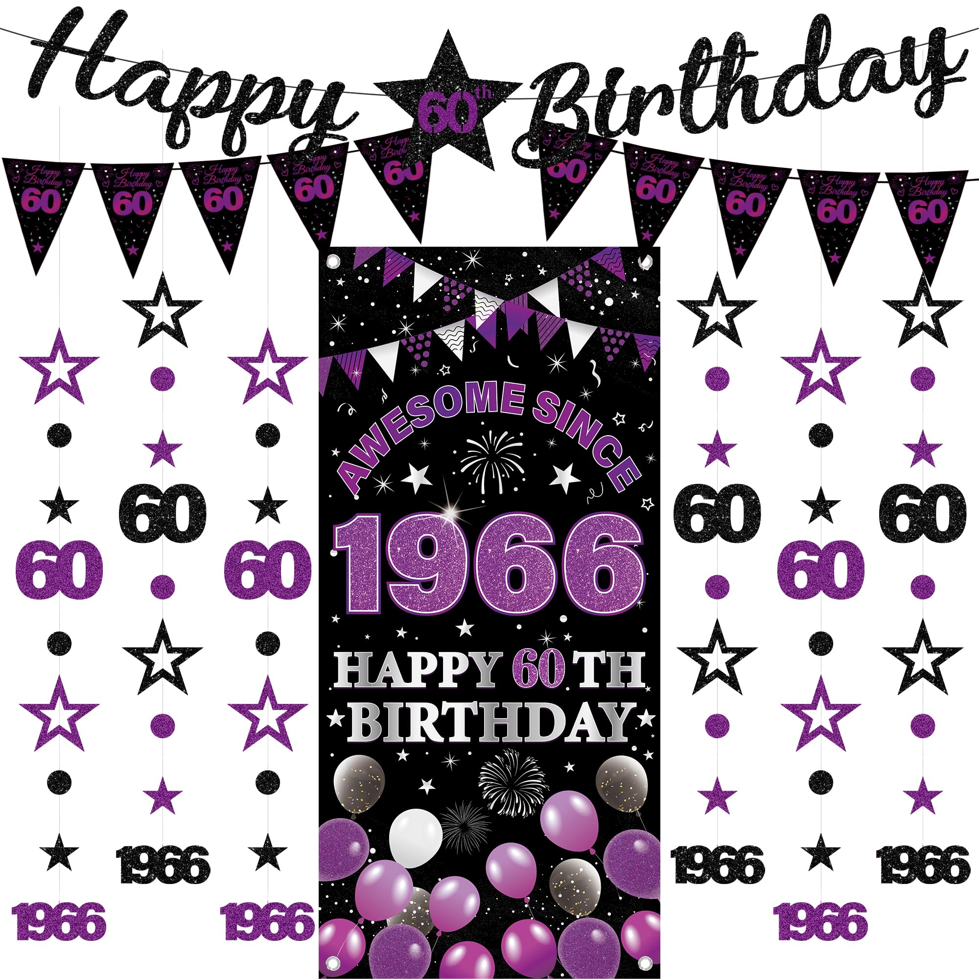 60th Birthday Decorations Women Banners - 9 Pcs Black Purple Happy Birthday Banner Awesome Since 1966 Curtain Twinkle Star Dot Hanging Streamer Pennant for Her 60 Years Old Party Decor Supplies