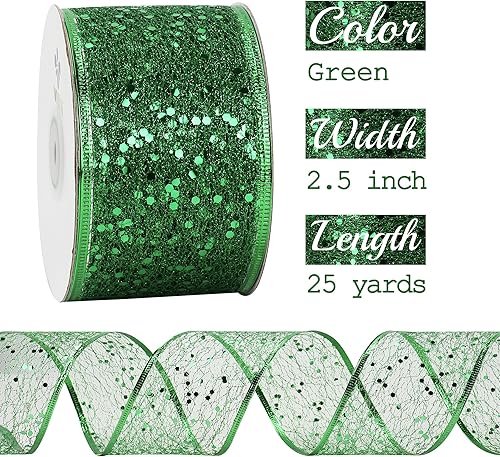 Miniatura 2 de MEEDEE Cinta de malla de alambre verde con purpurina y cinta de Navidad verde brillante de 2.5 pulgadas, cinta verde esmeralda para decoración de
