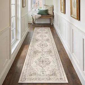 Runner Rug 2x10 Beige Hallway Washable Carpet Non Slip Vintage Medallion Carpet Low Pile Soft Distressed Retro Indoor Long Rug for Entryway Kitchen Bathroom Laundry Bedroom