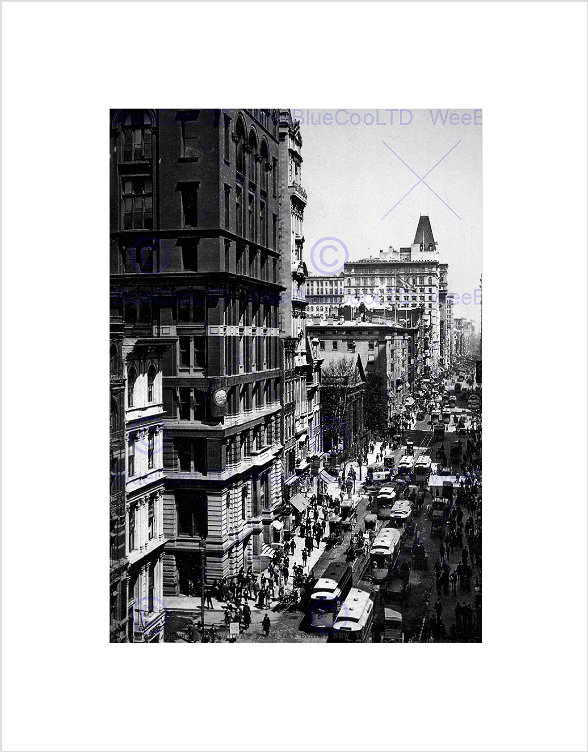 Wee Blue Coo Looking Up Broadway From Dey Street New York City 1900 BW Wall Art Print