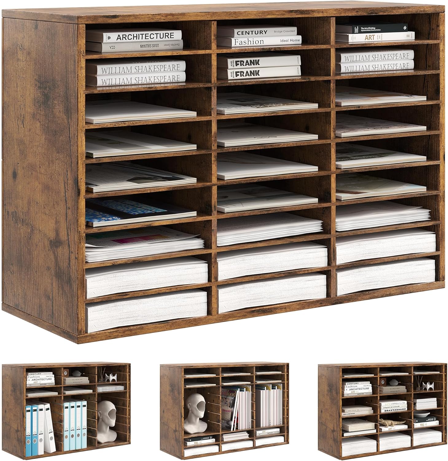 Wood Desk Paper Organizer, Hold 13500 Sheets A4 Papers, 27 Slots Adjustable Literature Organizer with Removable Shelves, Classroom Mailbox for Teacher Student Assignment, Rustic Brown