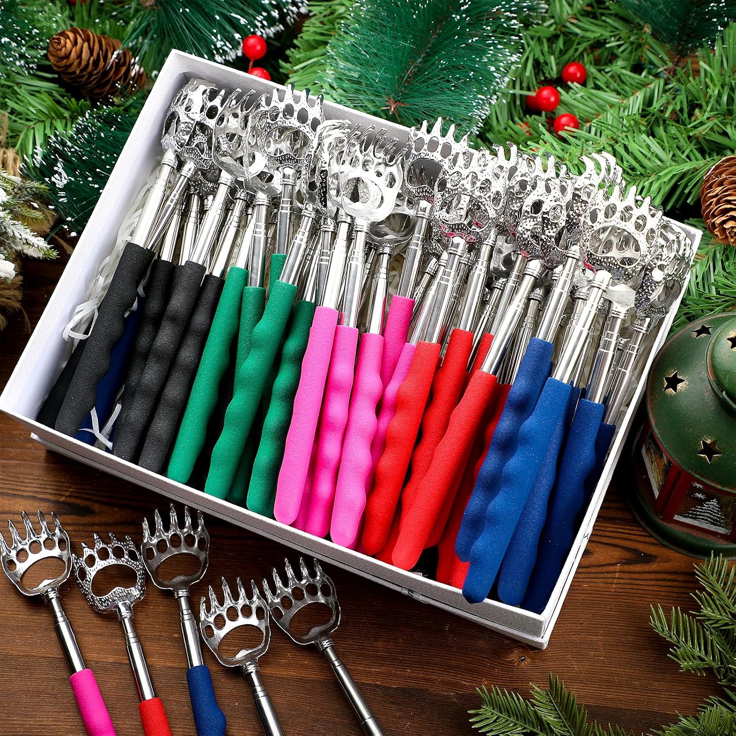 Sliner 60 Pack Telescoping Back Scratcher with Rubber Handles Metal Back Scratchers Stainless Steel Backscratchers Christmas Gifts for Adults Pets, 5 Colors