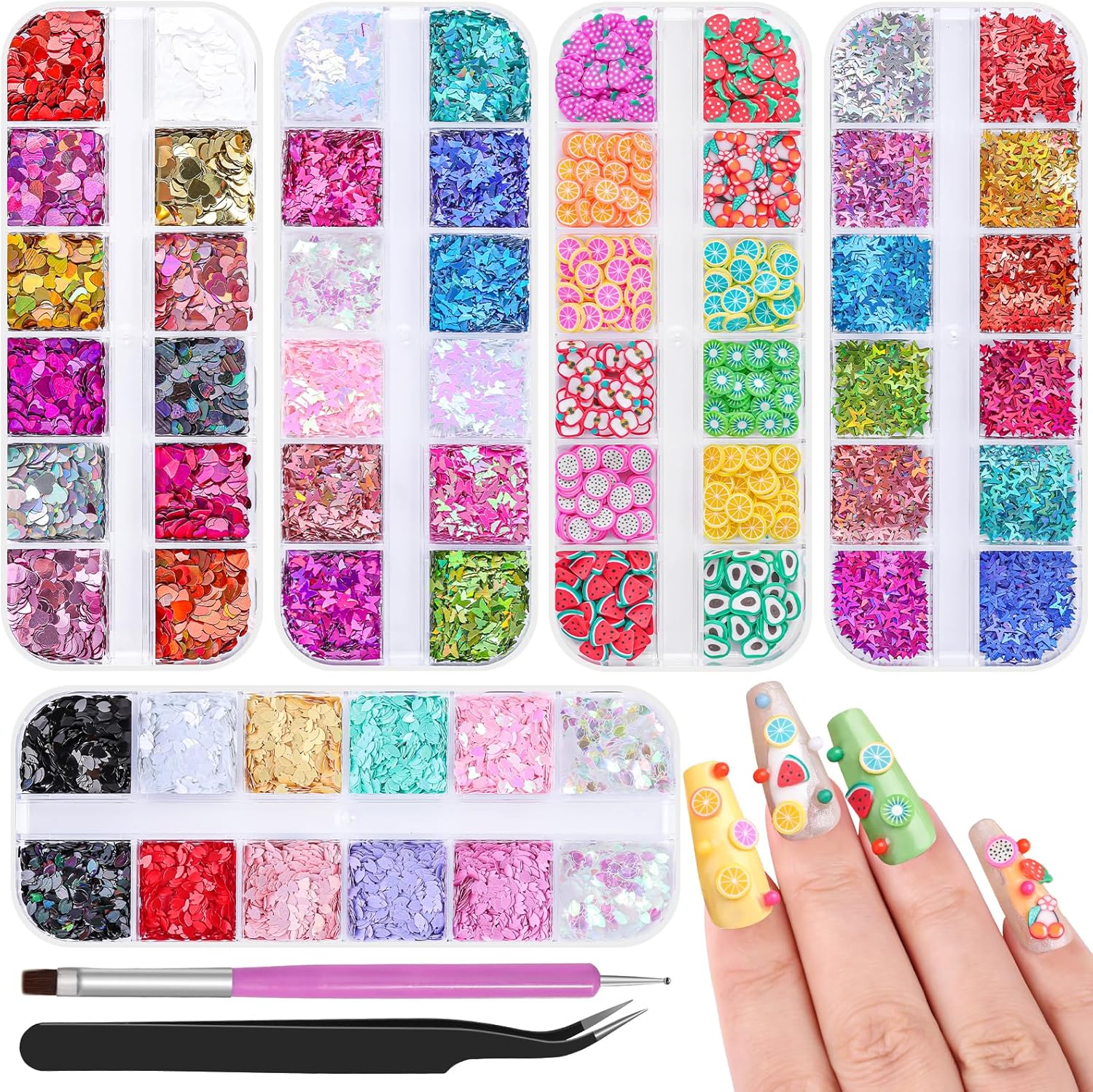 5 Boxes 60 Colors Holographic Nail Art Sequins Kit, Iridescent Sparkle Laser Hollow 3D Star Butterfly Heart Round Mixed-shapes Nail Glitter Flakes for Manicure Body Makeup Craft DIY (3-colorful-kit3)