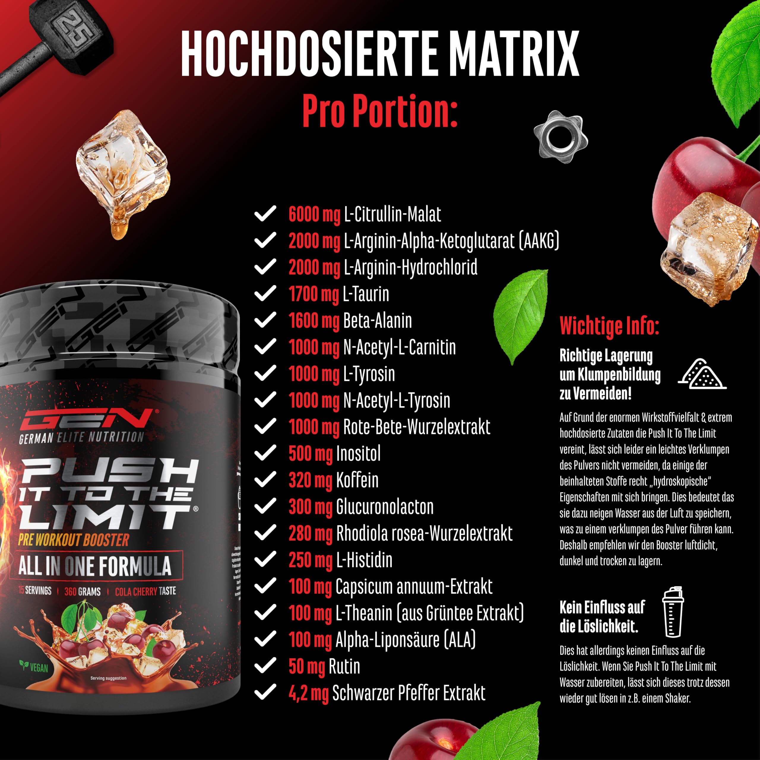 GEN GERMAN ELITE NUTRITION Push it to the Limit - Pre Workout - 360 g | Cola Cherry, hochdosiert, L-Arginin, Citrullin & Koffein, L-Tyrosin, L-Theanin, L-Carnitin, AAKG, Taurin, Rhodiola