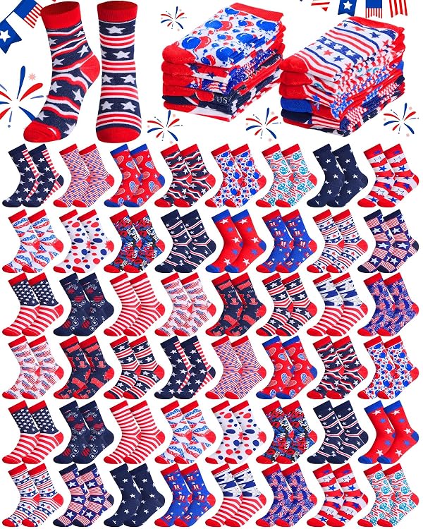 Ramede 48 Pairs 4th of July American Flag Socks Bulk for Men Women Patriotic Crew Socks Veterans Day Dress (Patriotic) by Ramede - Used condition - US$34.09