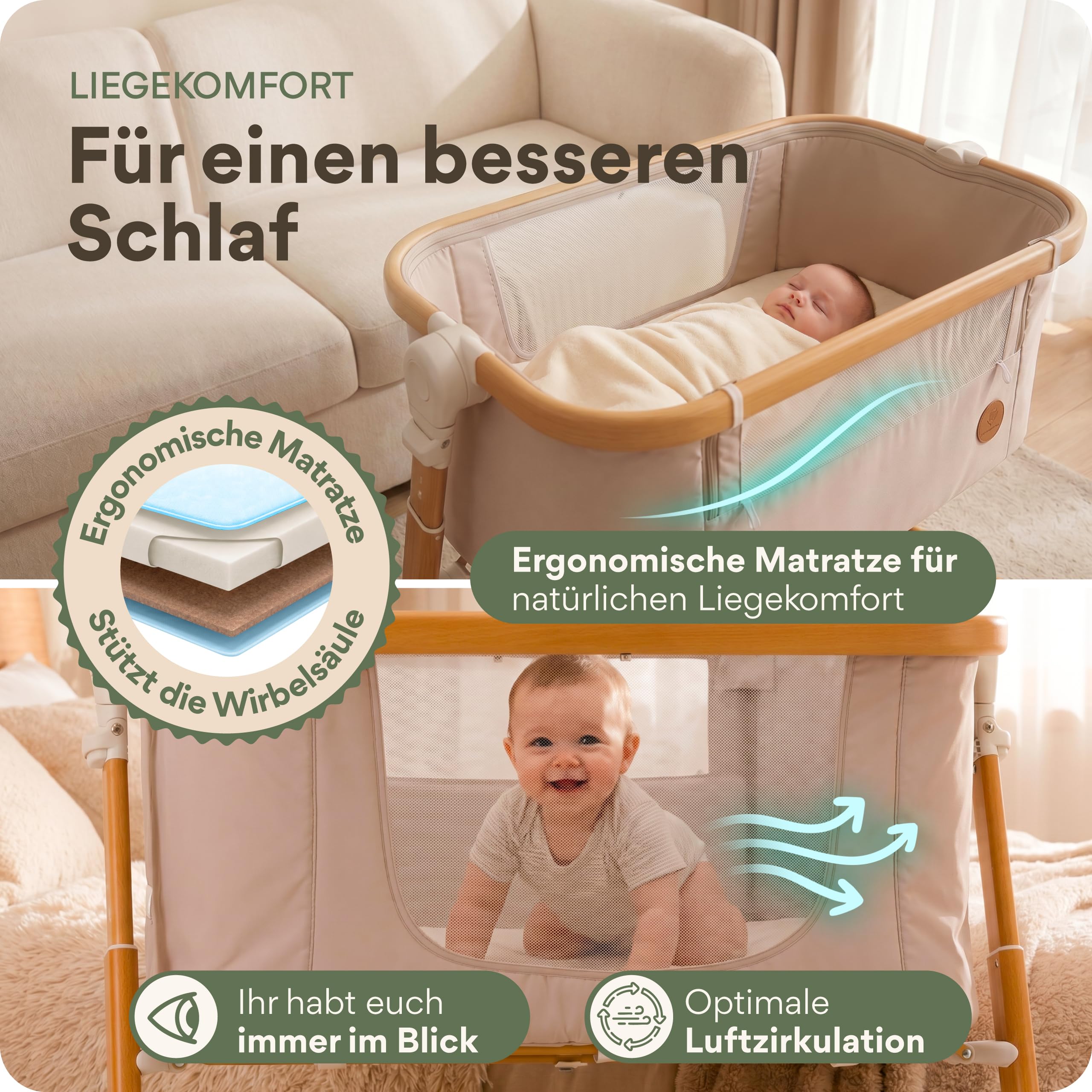 MaliDa Babybett mit Rollen | Beistellbett Baby Boxspringbett | Stubenwagen Höhenverstellbar mit Wiegefunktion | Reisebett Baby mit Matratze | Bett, Babywiege, Crib, Bassinet, Bed | Hell
