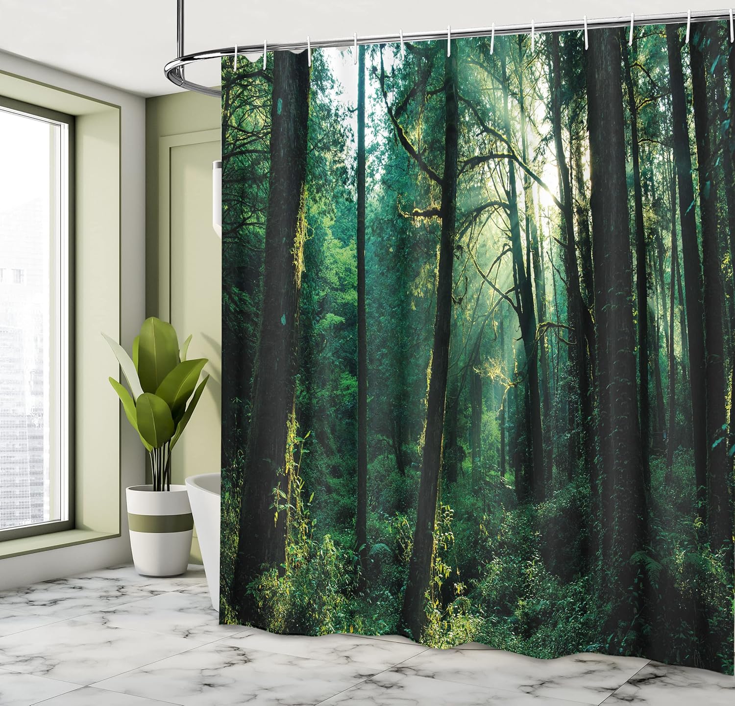 Ambesonne Nature Shower Curtain, Sunset in Woods Sun Beaming Through Forest Trees Wilderness Scenery, Cloth Fabric Bathroom Decor Set with Hooks, 69" W x 84" L, Forest Green Pale Yellow