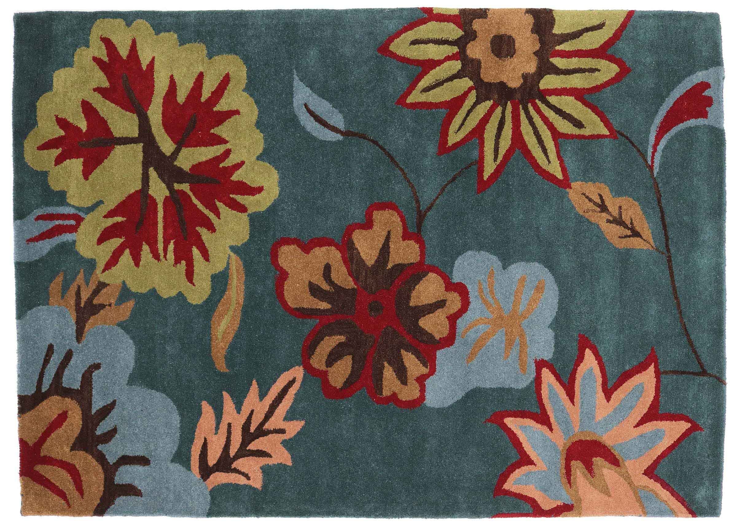 Tapis fait à la main bleu 160 x 230 cm de créateur au motif floral unique