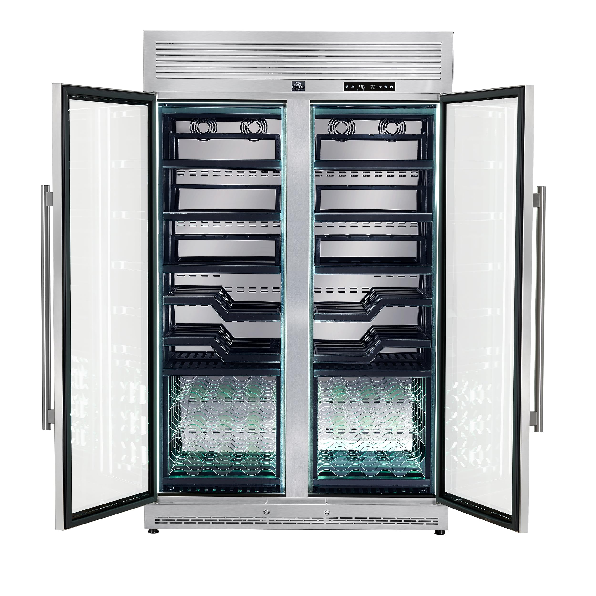 Forno Abruzzo 48" Dual Zone Wine Cellar, 102 Bottle Capacity, 24 Cu. Ft. Built-In Or Freestanding Refrigerator W/Green Acrylic Holders, Black Shelves & Digital Temperature Control - Stainless Steel on Fridge.com - View 3