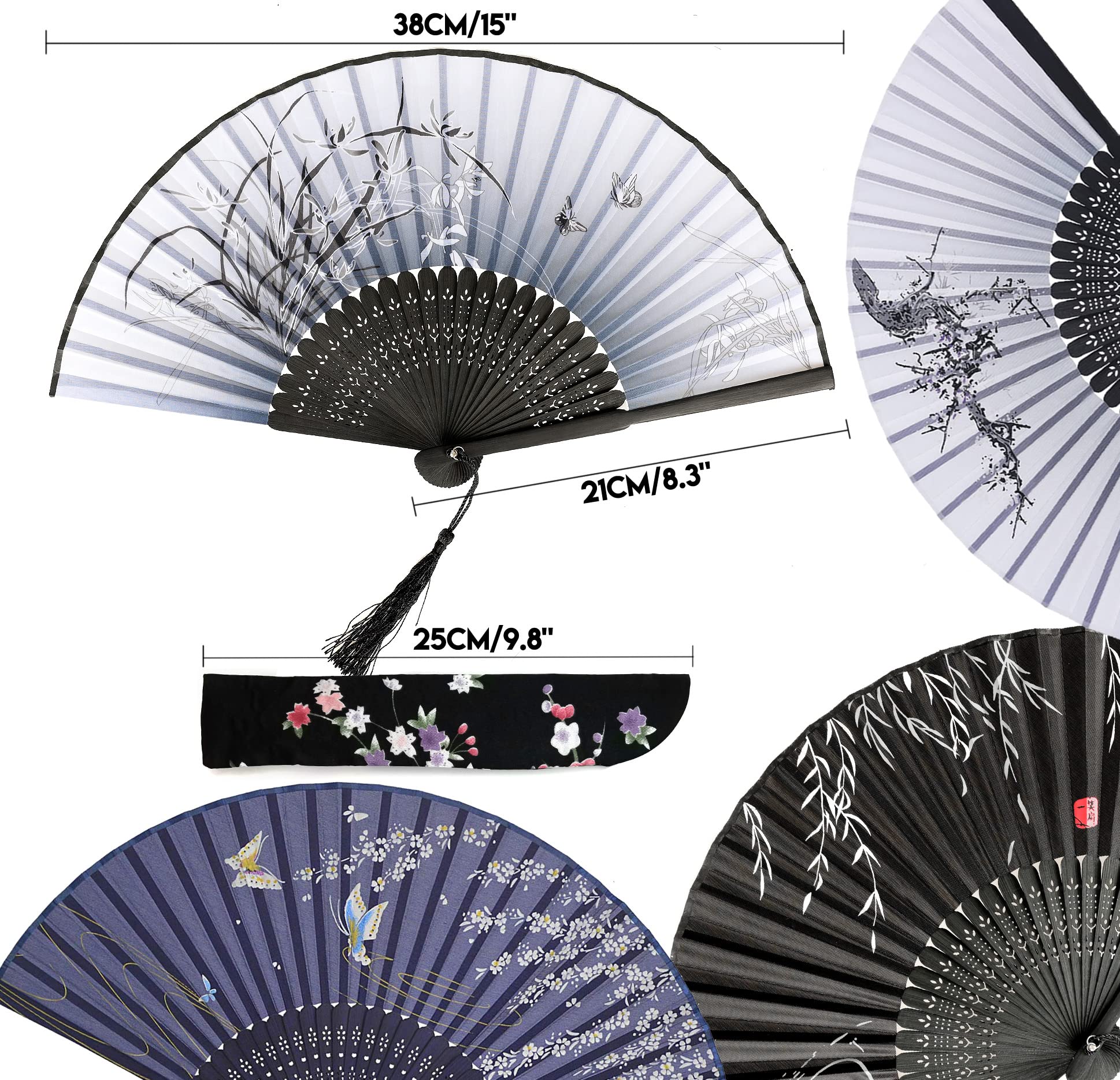 iZoeL Hand Held Silk Folding Fans Hand Fans Fabric Folding Handheld Bamboo Fans Pocket Fans with Tassel with 4 Delicate Bags for Wedding Hen Party Performance Dancing Party Favours Guest Gift - Image 2