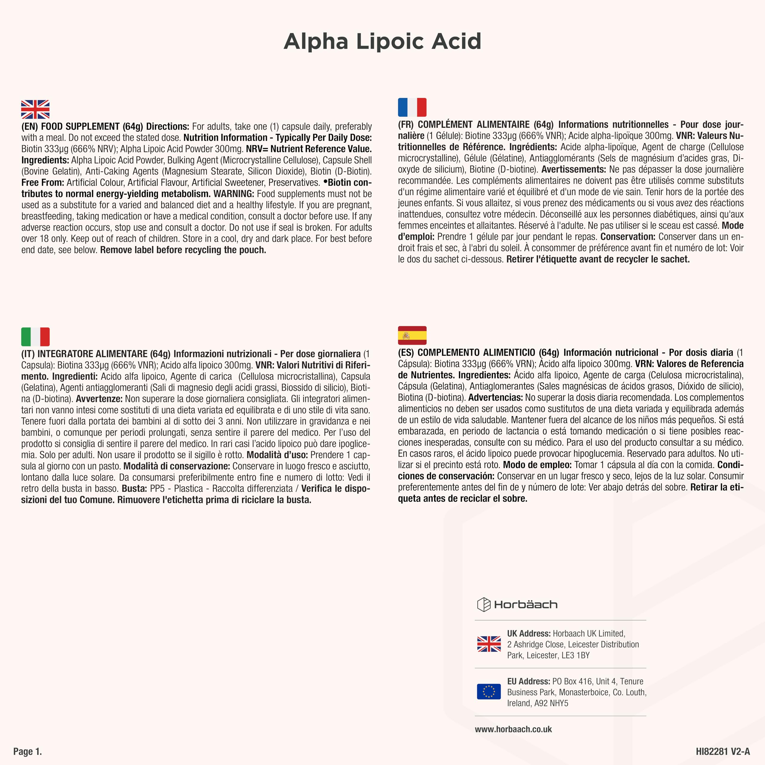 Acido Alfa Lipoico con 300ug Biotina per Capelli | 4 Mesi di Fornitura - 120 Capsule | Alto Dosaggio | Integratore Alimentare | Alpha Lipoic Acid | Horbaach