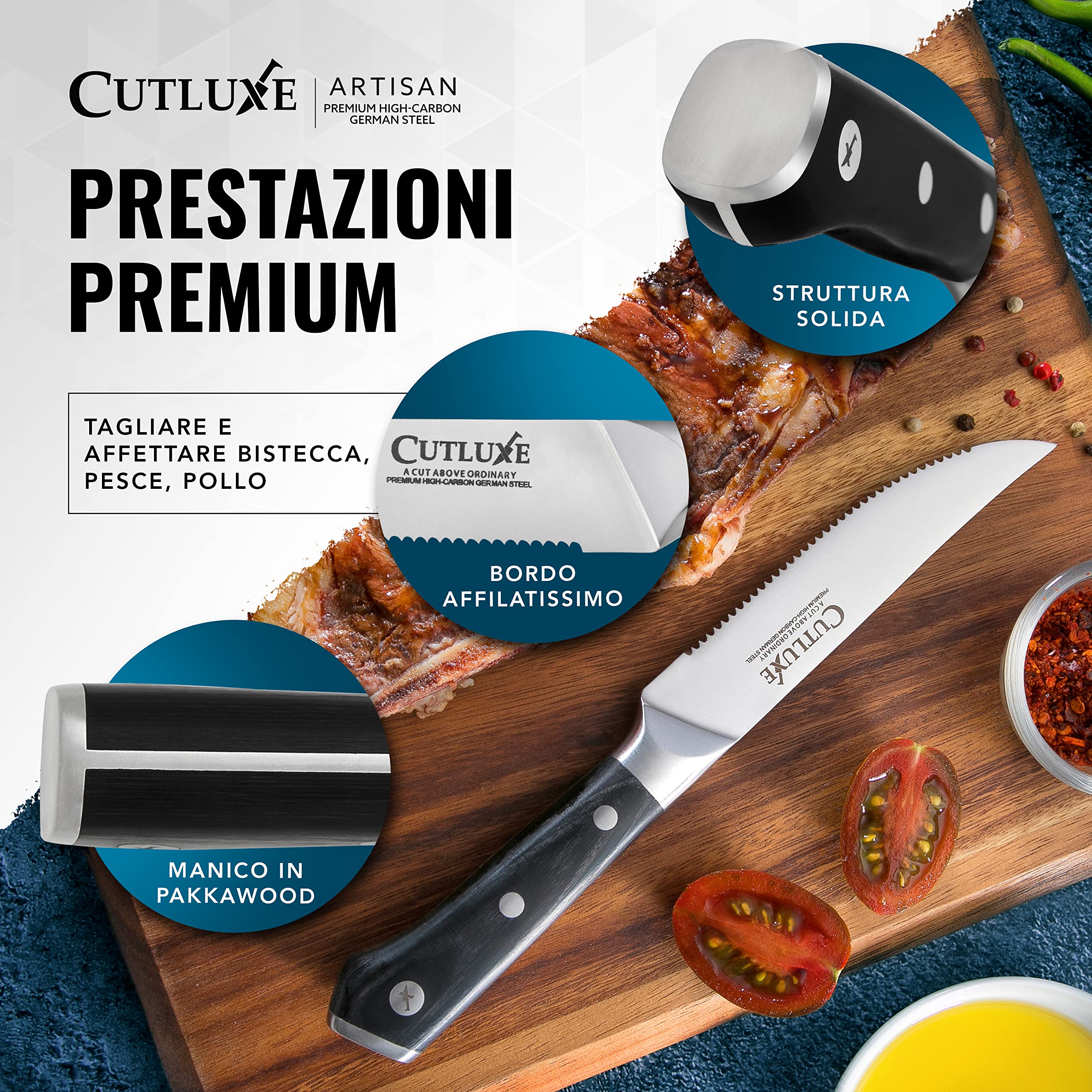 Cutluxe Set Coltelli Da Tavola – Coltelli da Bistecca Seghettati, 6 Pezzi – Coltelli Carne in Acciaio Tedesco al Carbonio, Lama Intera, Manico Ergonomico – Serie Artigianale
