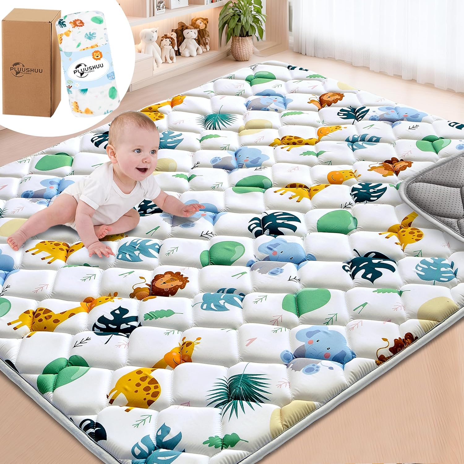 baby play mats for floor, 71x59 playpen mat for babies, extra thicker & soft floor crawling mat, foldable non-slip playmat cushioned for infants toddlers, cute animal design white-green 71x59 inch