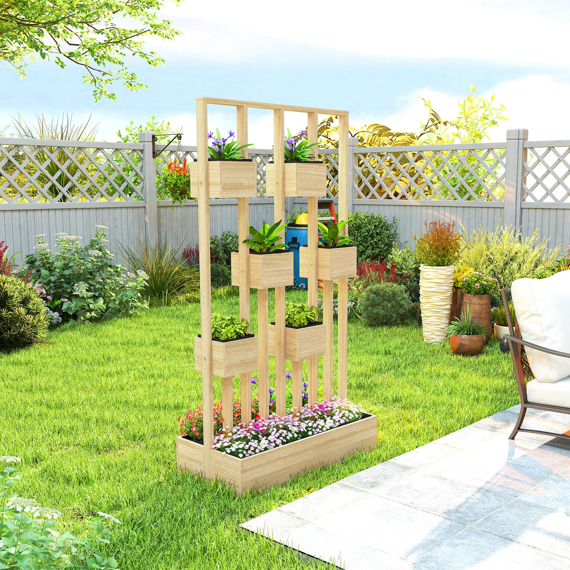 Outsunny Hochbeet mit Rankgitter Körbe Holz 90 x 45 x 170 cm Naturholz | Pflanzkübel, Pflanzkasten, Blumenkasten, für Garten Balkon Terrasse, Blumenkübel für Kletterpflanzen Korbpflanzen, Blumen
