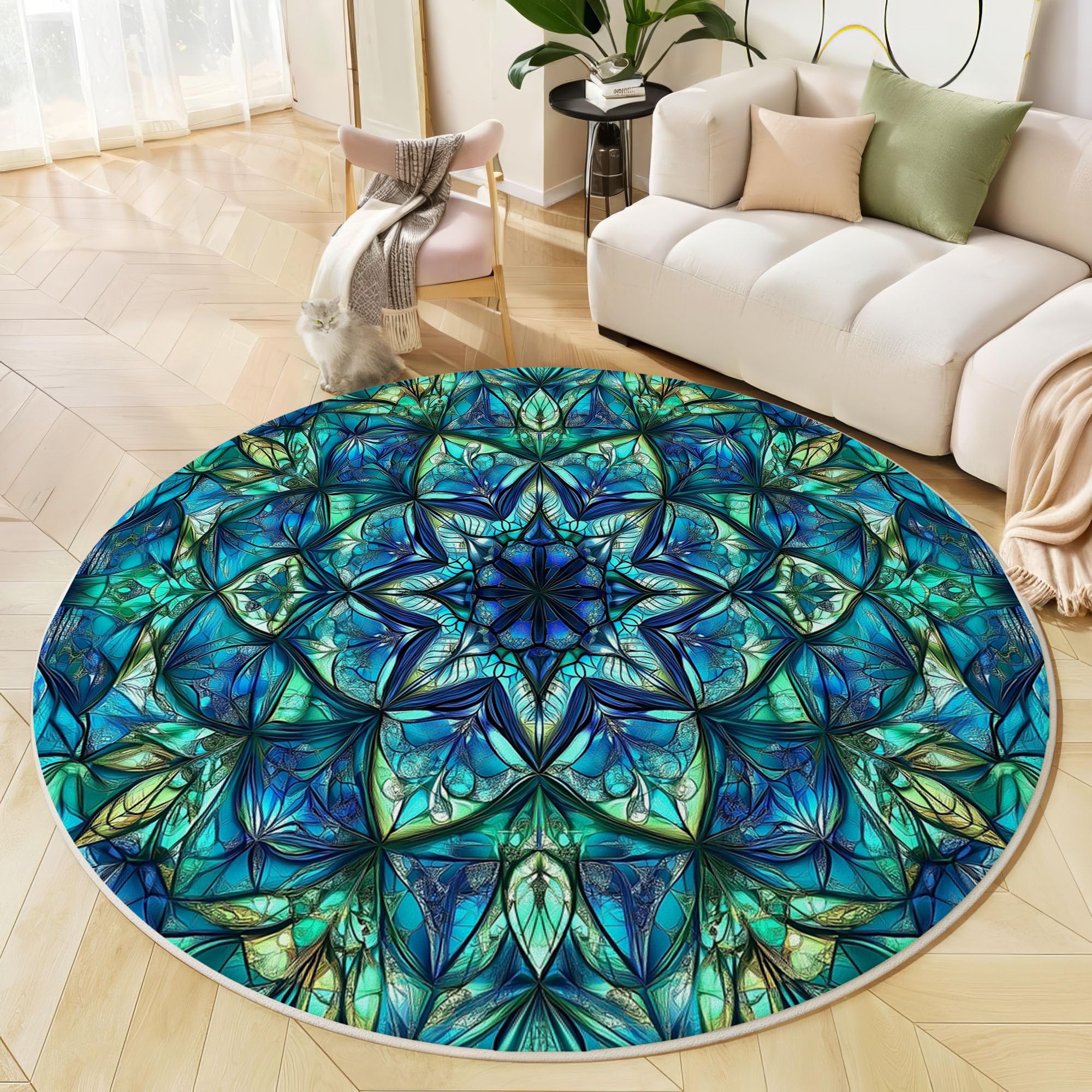 Tapis Rond Mandala Kaléidoscope 180 cm, Tapis à Poils Courts Vitraux Lavable en Machine Antidérapant Décoratif Rond pour Salon Chambre Salle à Manger, Vert