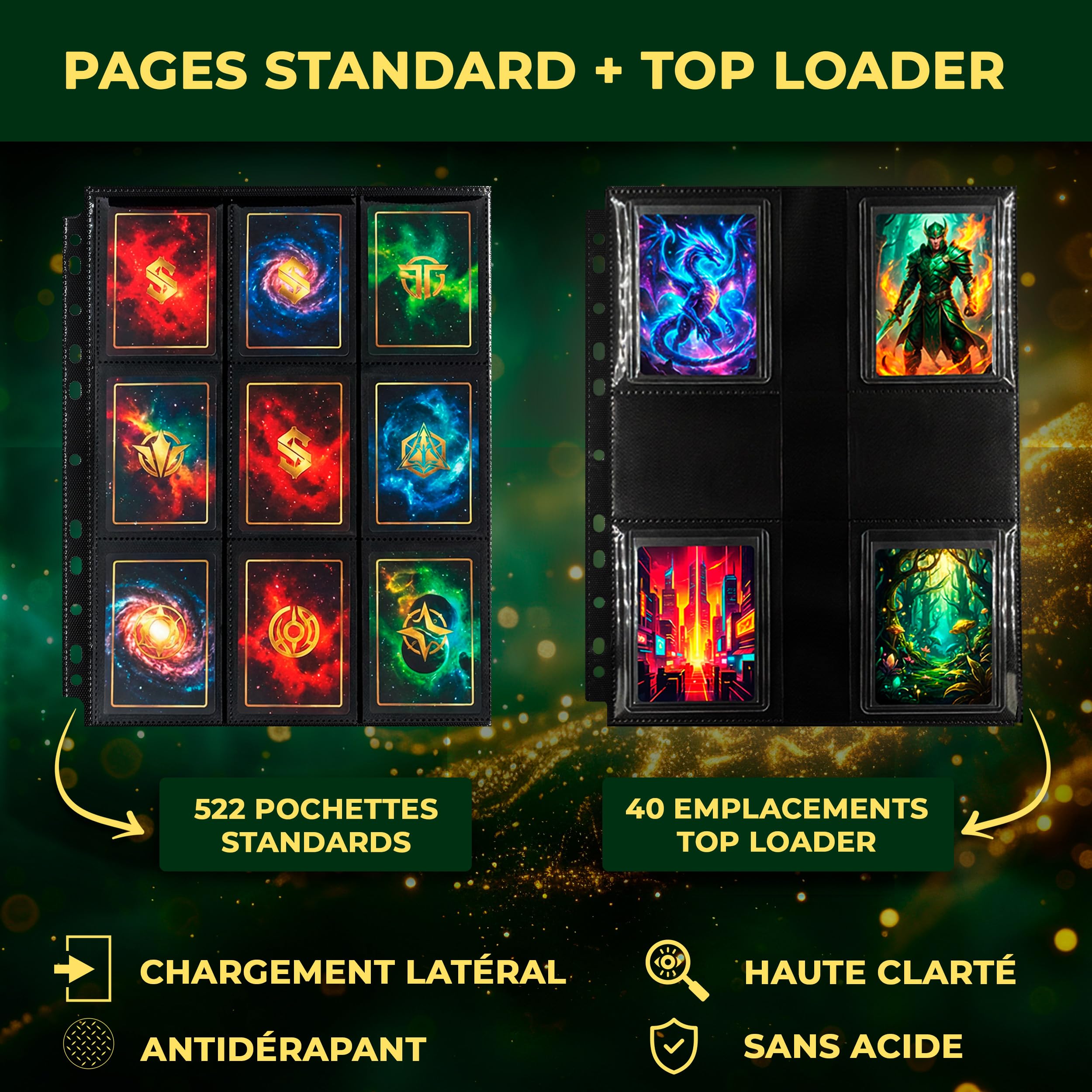 Classeur carte 562 pochettes — Espace toploader intégré — Intercalaires inclus pour tri rapide — Compatible cartes TCG, sleeves, double sleeves — Fermeture zip