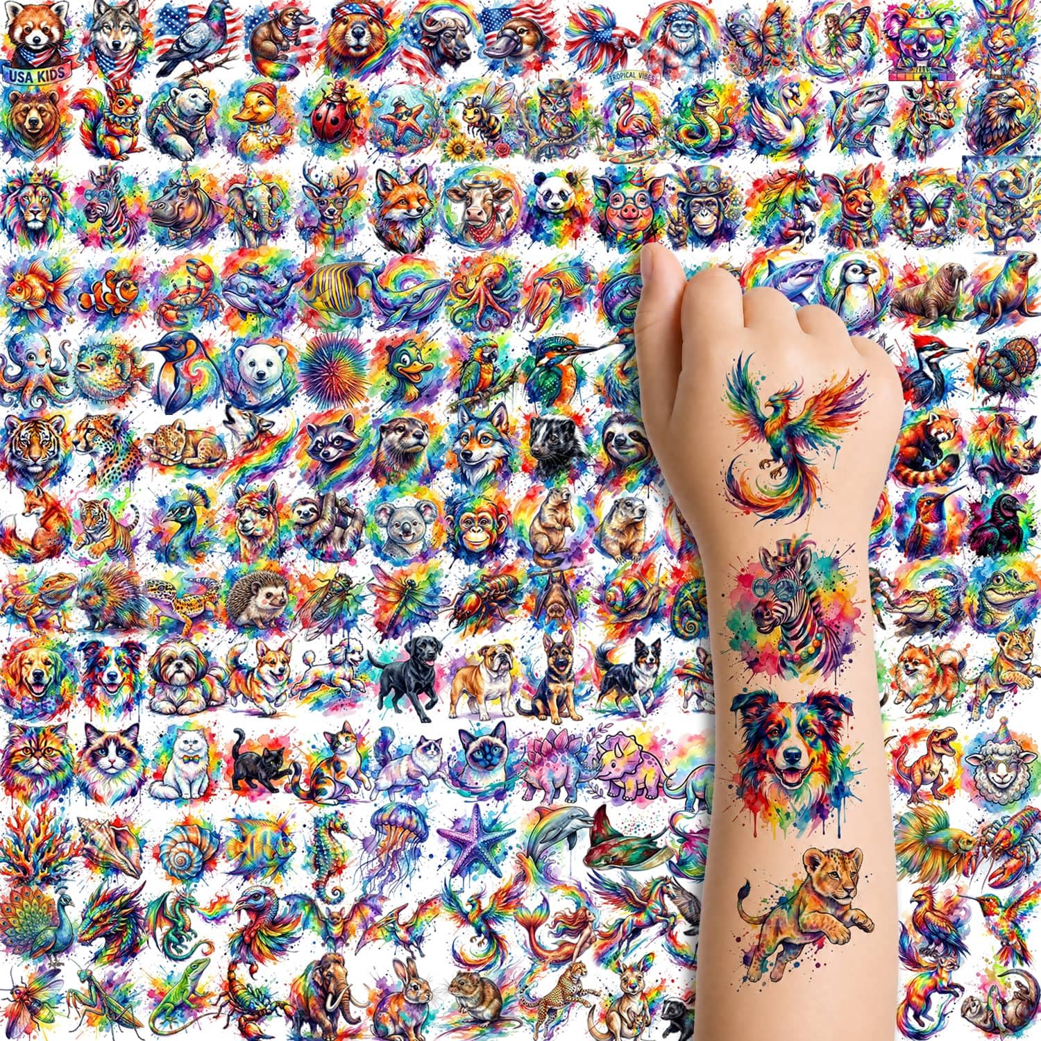 GLARYYEARS 180 PCS Pre-Cut Watercolor Animal Temporary Tattoos for Kids