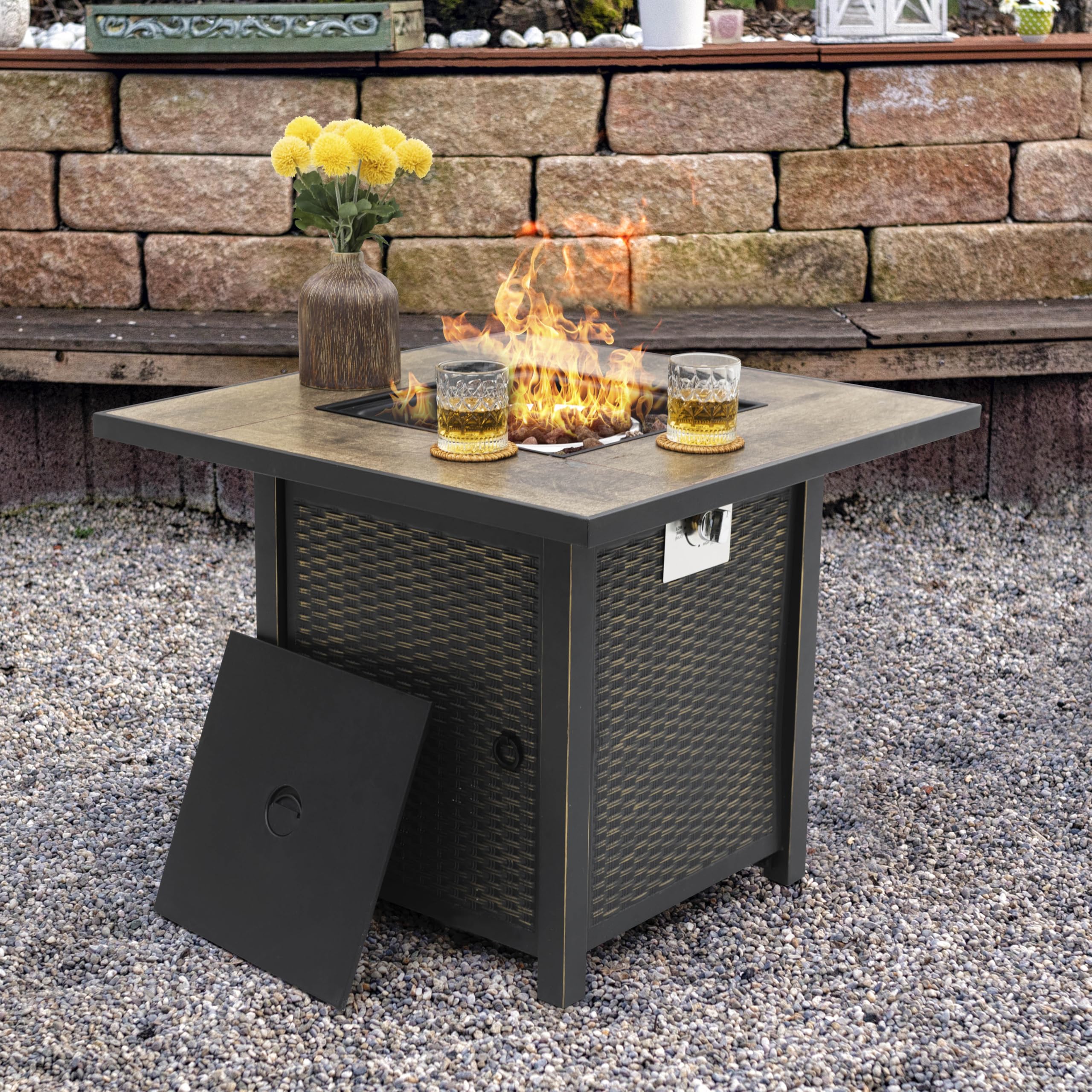 Nuu Garden 30” Propane Fire Pit, CSA-Listed Outdoor Fire Pit Table, 50,000 BTU Gas with Lid and Lava Rocks, 2-in-1 Square Fire Pit for Outside Backyard Patio, Black with Gold Edge