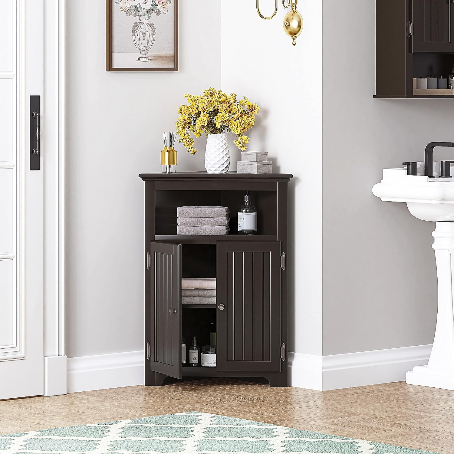 UTEX Corner Storage Cabinet, Bathroom Floor Corner Cabinet with Doors and Shelves,Free Standing Storage Cabinet for Bathroom, Kitchen, Living Room, Espresso