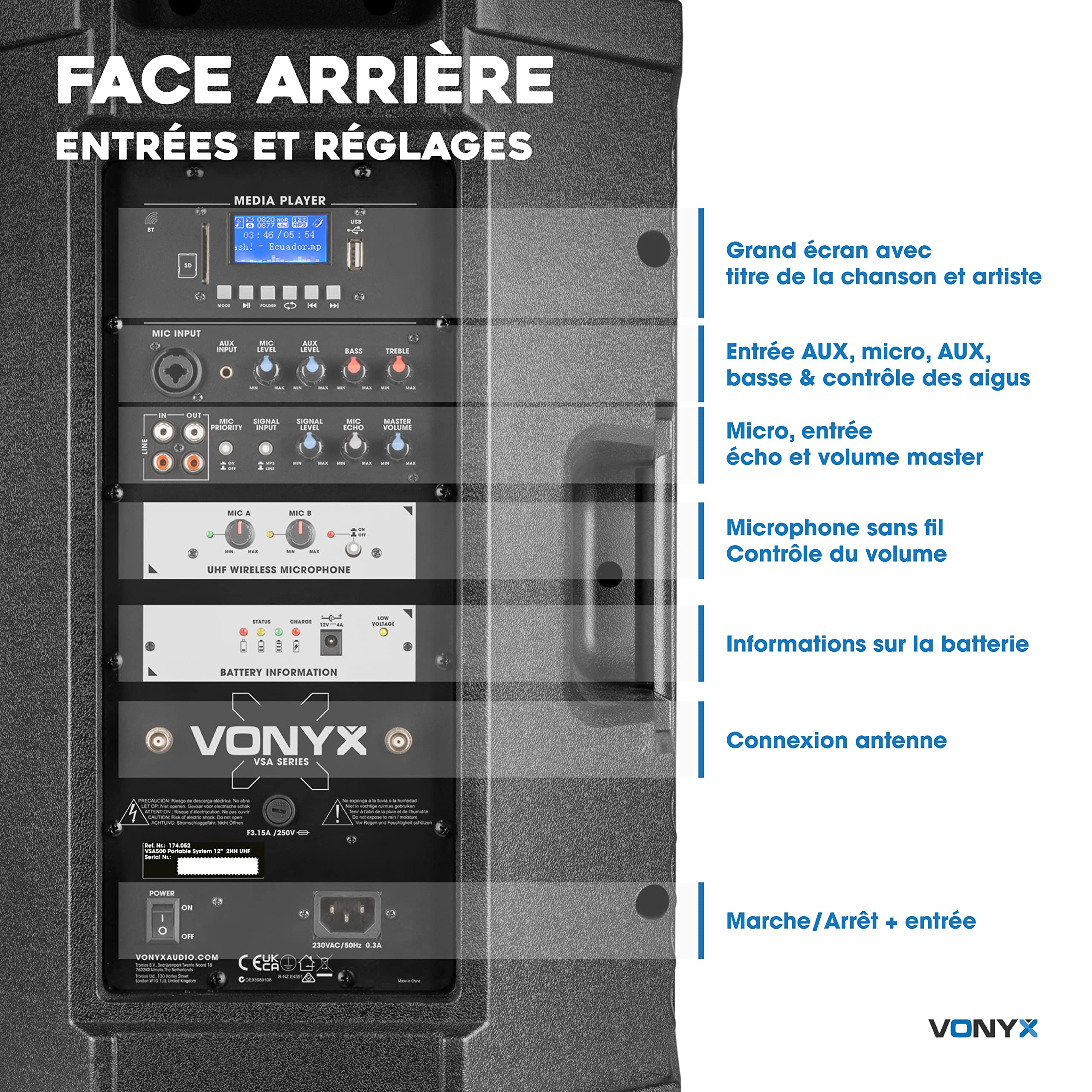 Vonyx VSA700 Enceinte Sono Active 1000W - Batterie Intégrée, Haut-Parleur 15", 2 Micros Main, Bluetooth, 8 Heures d'Autonomie, Idéale pour Vos Conférences ou pour Diffuser de la Musique