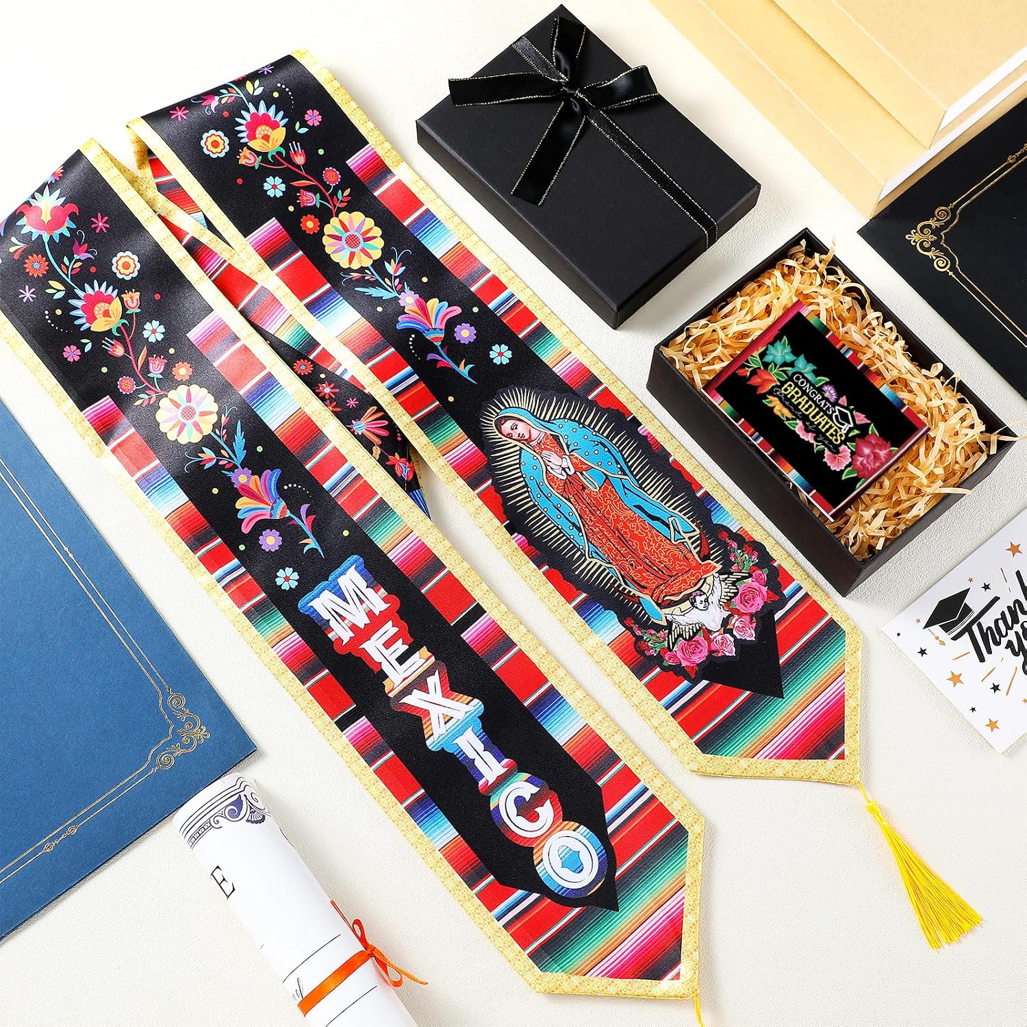 Knitgrip 3 Pcs Mexican Graduation Sash Gift Set 72'' Hispanic Embroidery Mexican Graduation Stole with Tassel Black Gift Box Greeting Card for 2026 Adult College Unisex Grads Celebrate
