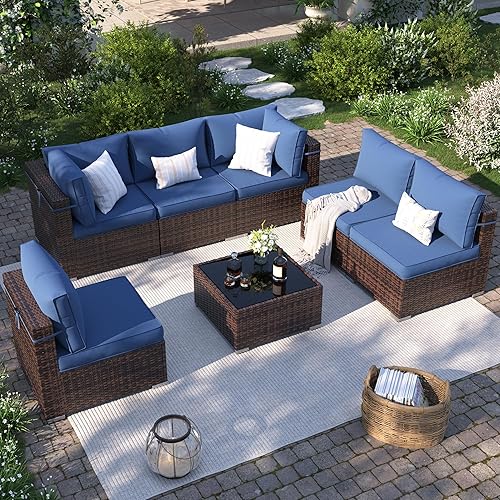 7 Piece Patio Furniture Set Outdoor Sectional Sofa, Wicker Backyard Conversation Set with Waterproof Cover & Coffee Table, Modular Outdoor Couch for Garden, Poolside (Brown/Navy Blue Cushion)