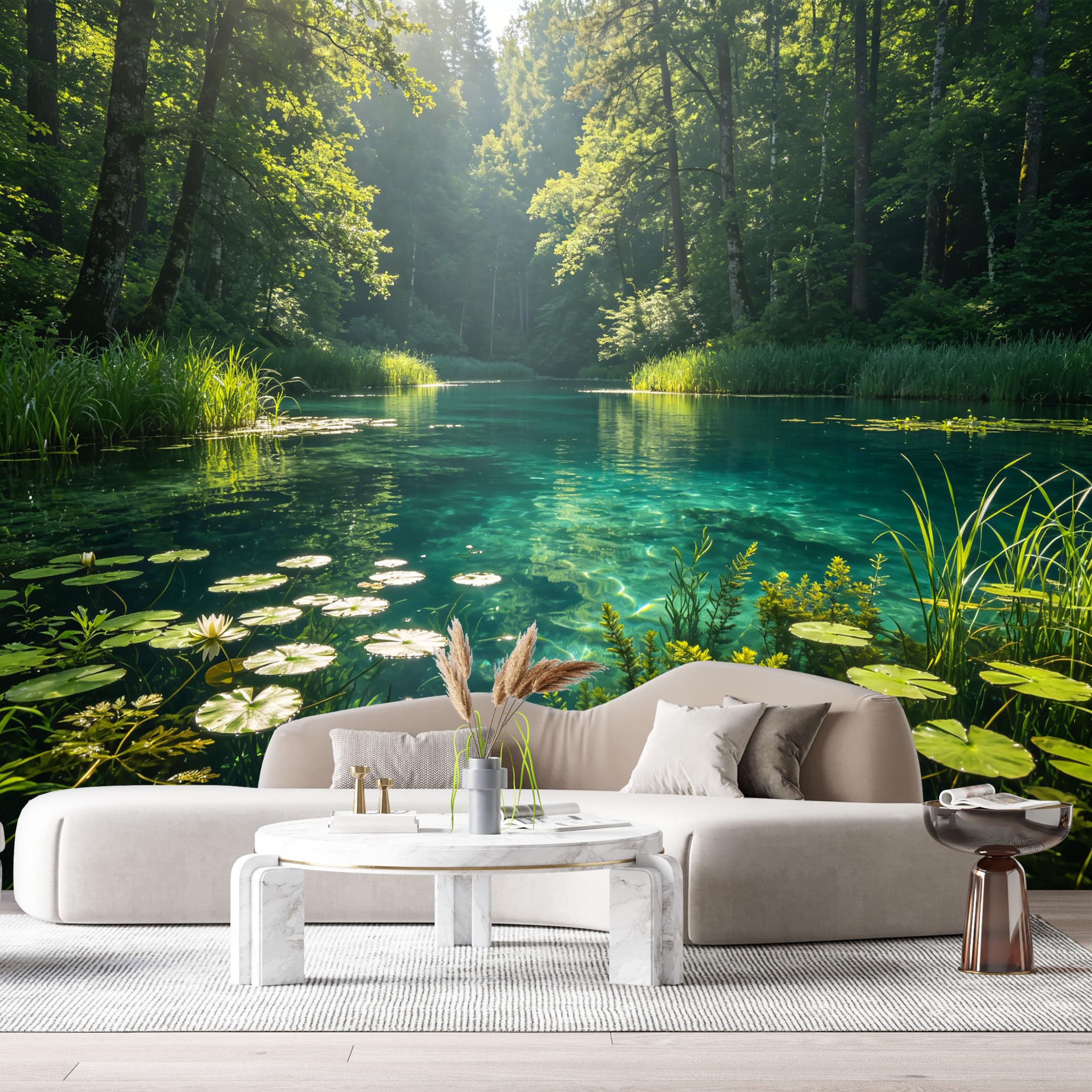 Custom Size Wall Murals Tranquil Forest Lake Landscape Water Lilies Clear River Botanical Nature Scenery SelfAdhesive Wall Fabric Removable Large Wallpaper for Photo Living Room