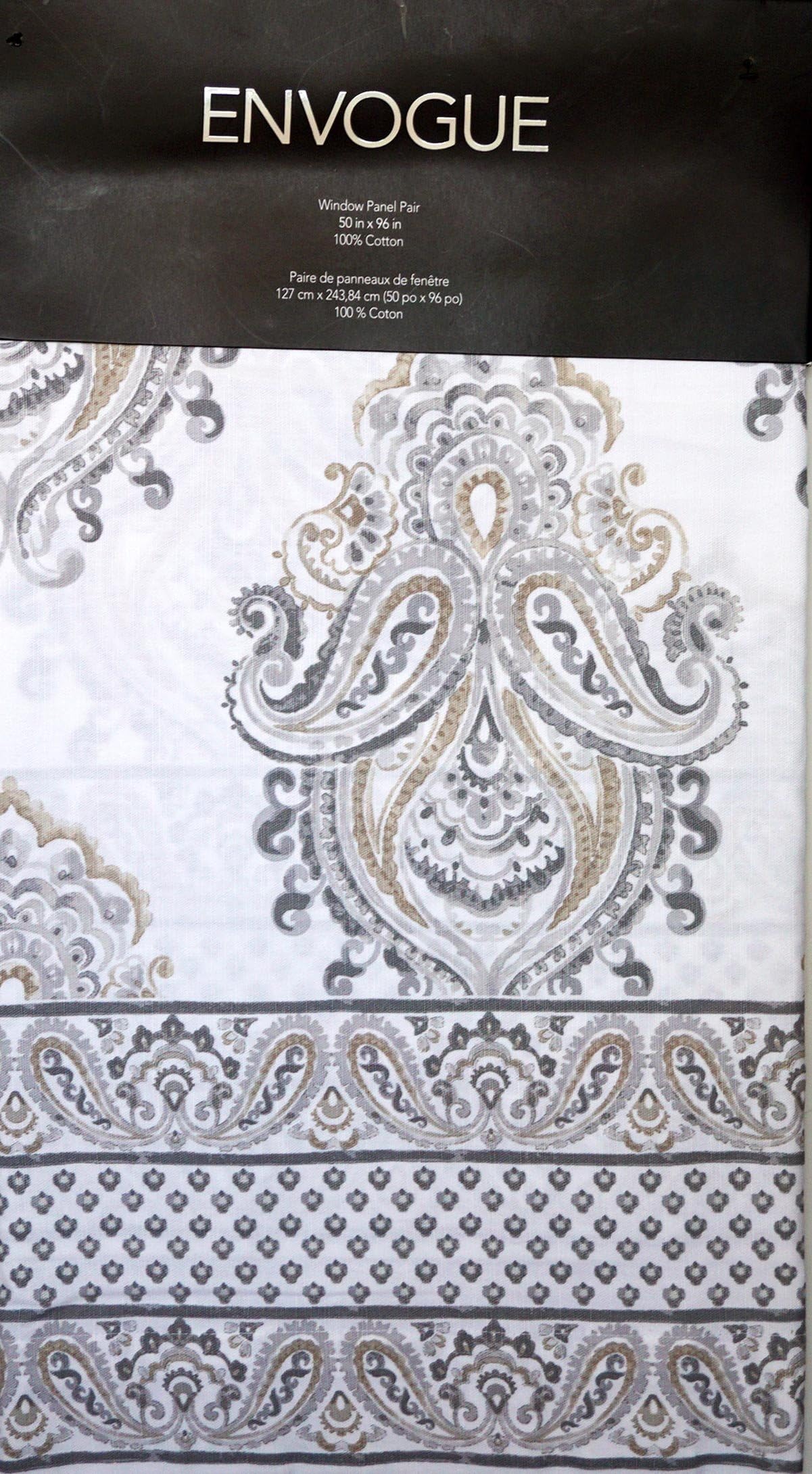 Envogue Pair of Window Panels Curtains Drapery Set of 2 Gray Beige Taupe Medallion Pattern on White 52 Inches by 96 Inches