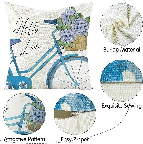 Miniatura 3 de WATINC 4 fundas de almohada de arpillera de hortensias azules para primavera y verano, 18 x 18 pulgadas, funda de cojín para decoración de flores y