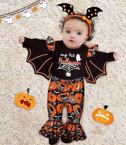 Miniatura 3 de MIGU My First Halloween Baby Girl Outfit Halloween Costumes Bat Ruffle Romper Tops + Pants 3pcs Halloween Infant Baby Clothes